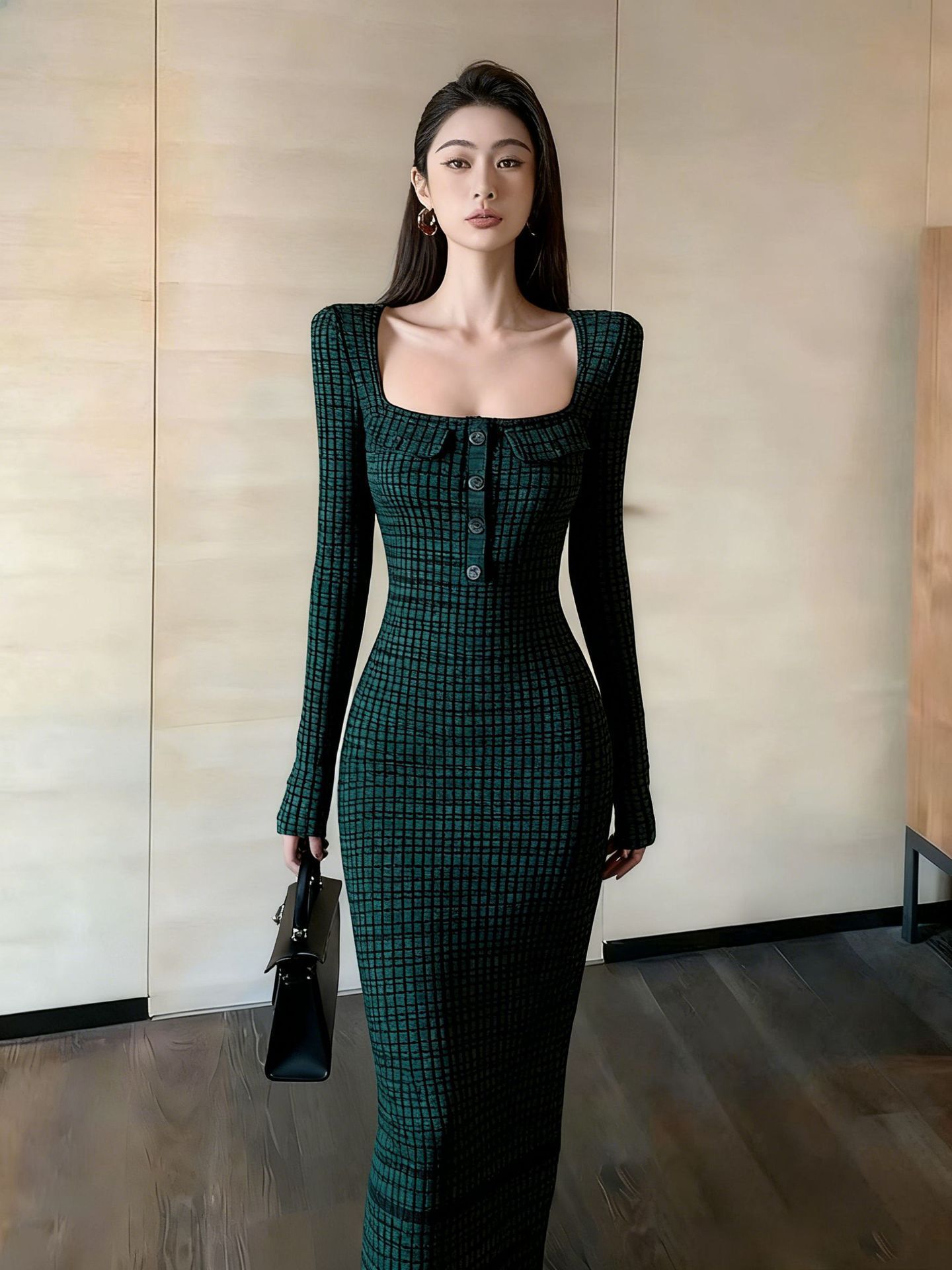 方領格紋針織洋裝