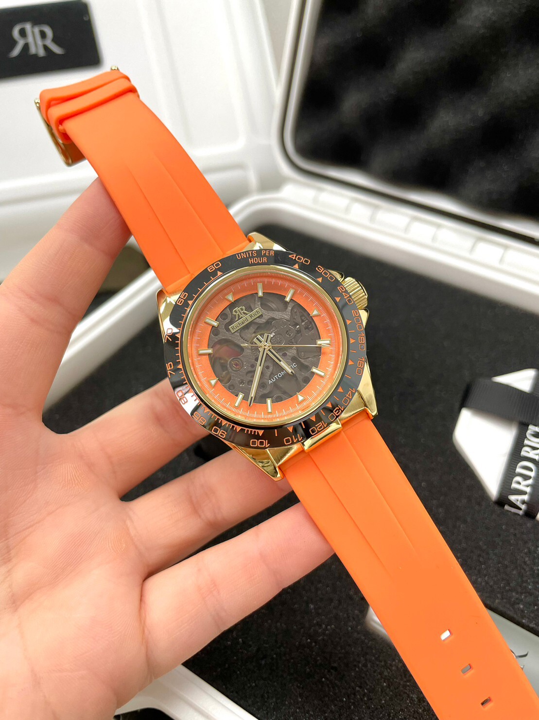 【Richard Rich】RR 海軍上將系列 橘色 縷空錶盤 自動機械 氟矽膠腕錶
