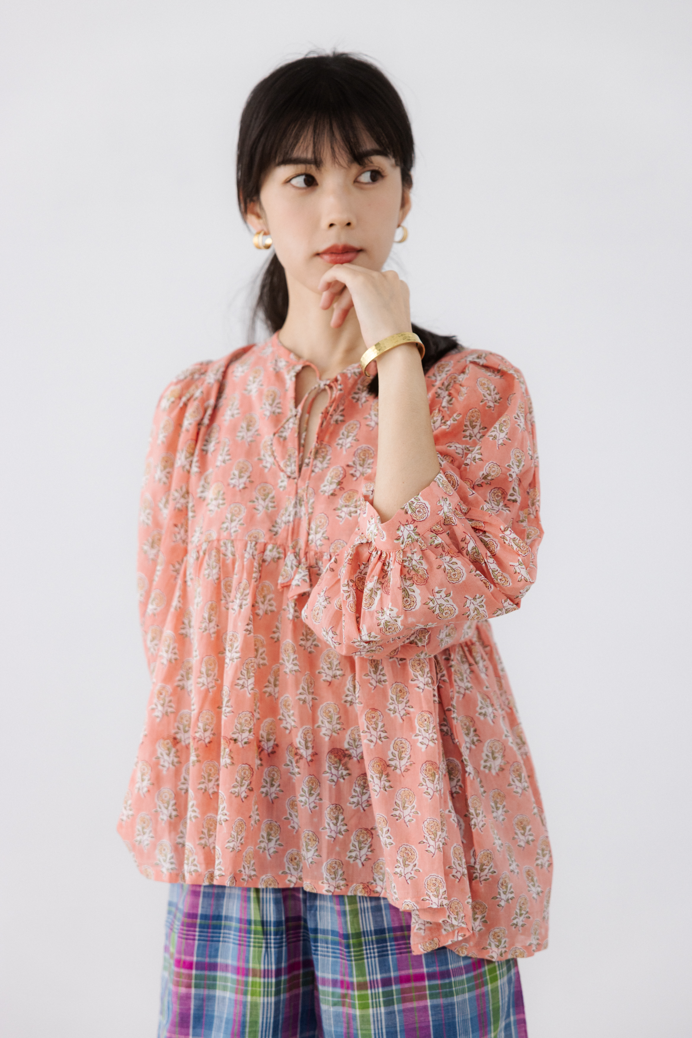 澎袖綁帶上衣_粉橘