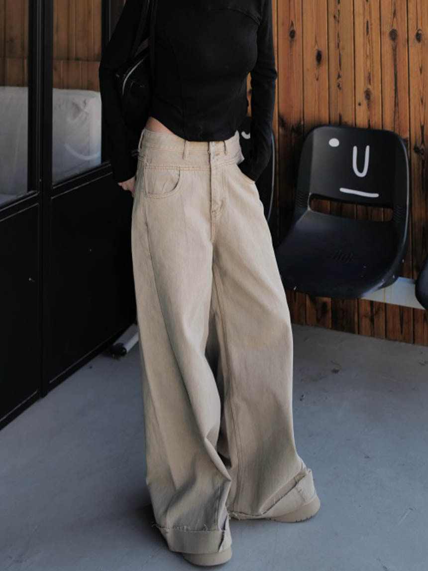 雙褲頭牛仔褲款反摺闊腿褲*3色