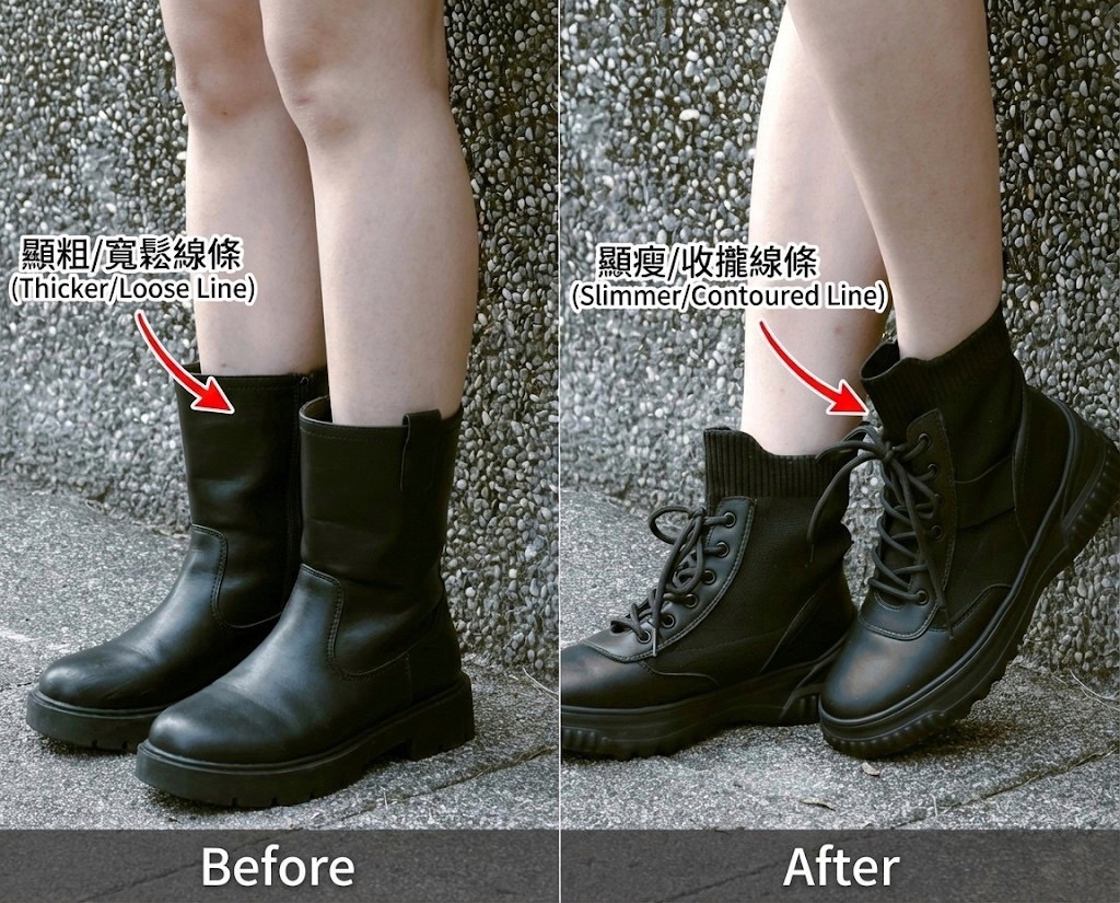 比較靴筒高度對腿型的影響，左圖為錯誤示範，右圖展示 Sanly Joy 克洛伊真皮短靴如何透過黃金筒高修飾蘿蔔腿，完美包覆腳踝顯瘦，是秋冬必備的顯腿長短靴穿搭教學與避雷指南。