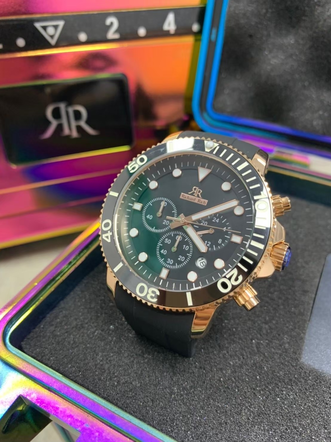 【Richard Rich】RR 陶瓷三眼系列 海洋之星 玫金 計時三眼 陶瓷圈 潛水錶 矽膠腕錶