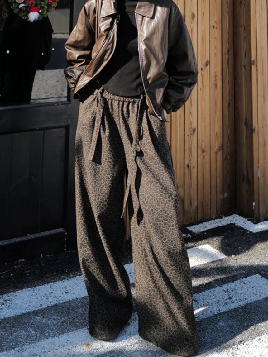 附腰帶闊腿豹紋褲*2色