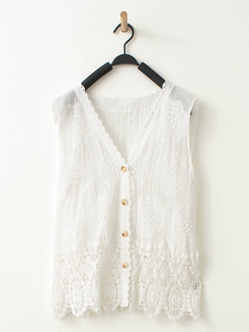 下擺簍空勾花自然皺褶繡花棉織背心