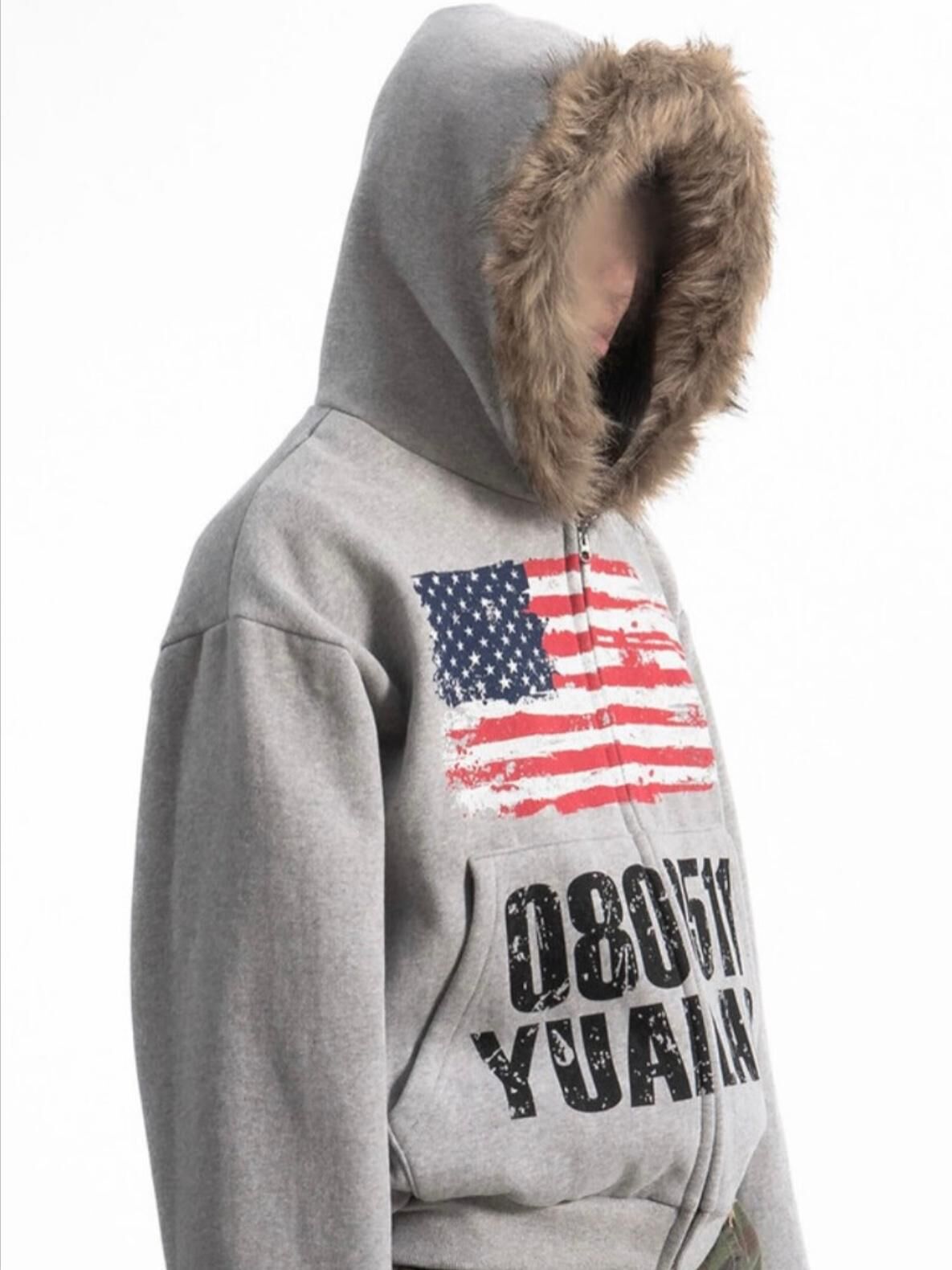 毛毛帽圖案字拉鍊外套 UNUSED-143JK