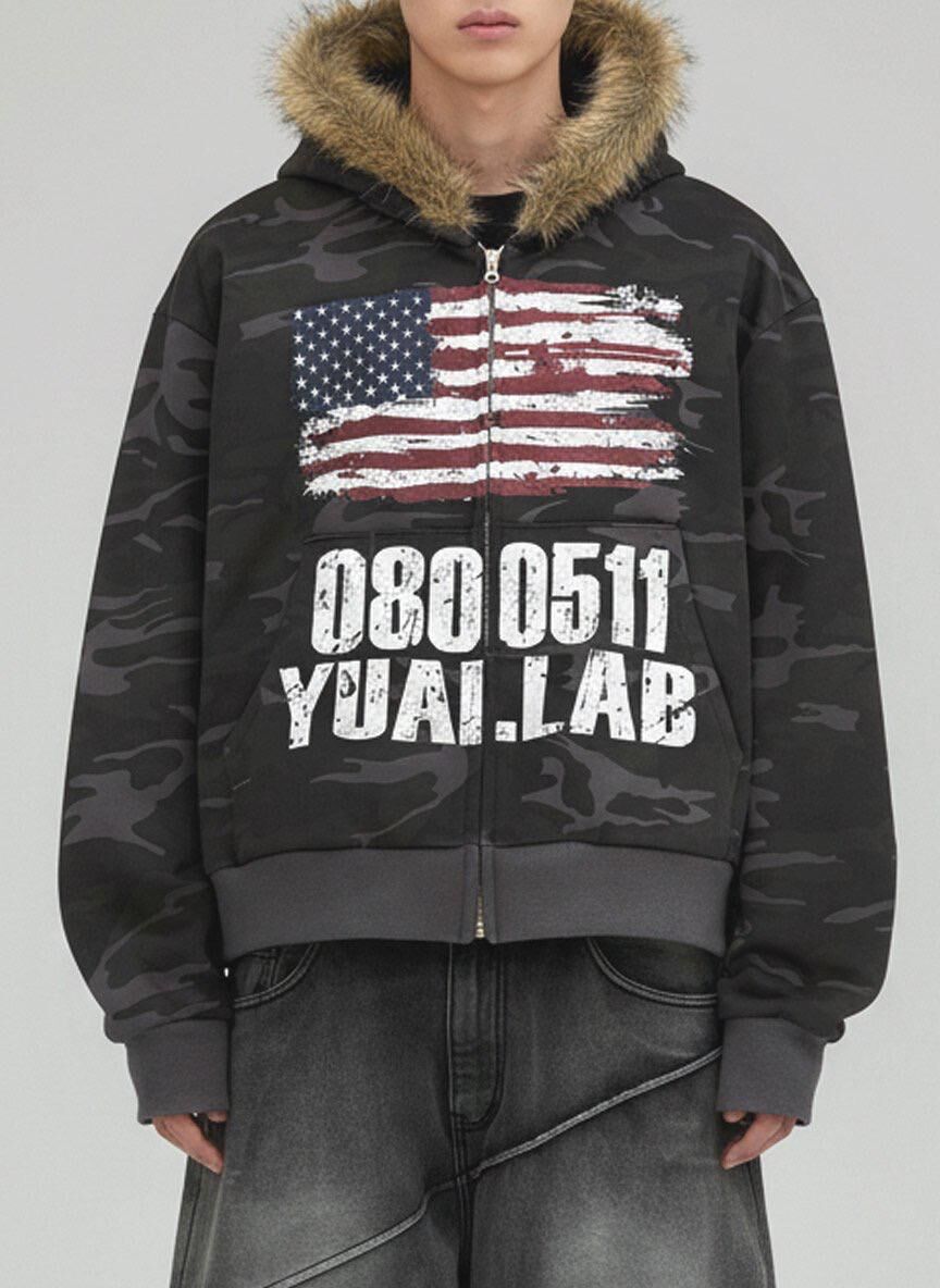 毛毛帽迷彩字拉鍊外套 UNUSED-145JK