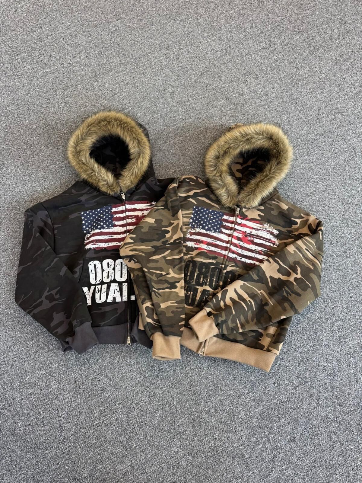 毛毛帽迷彩字拉鍊外套 UNUSED-145JK