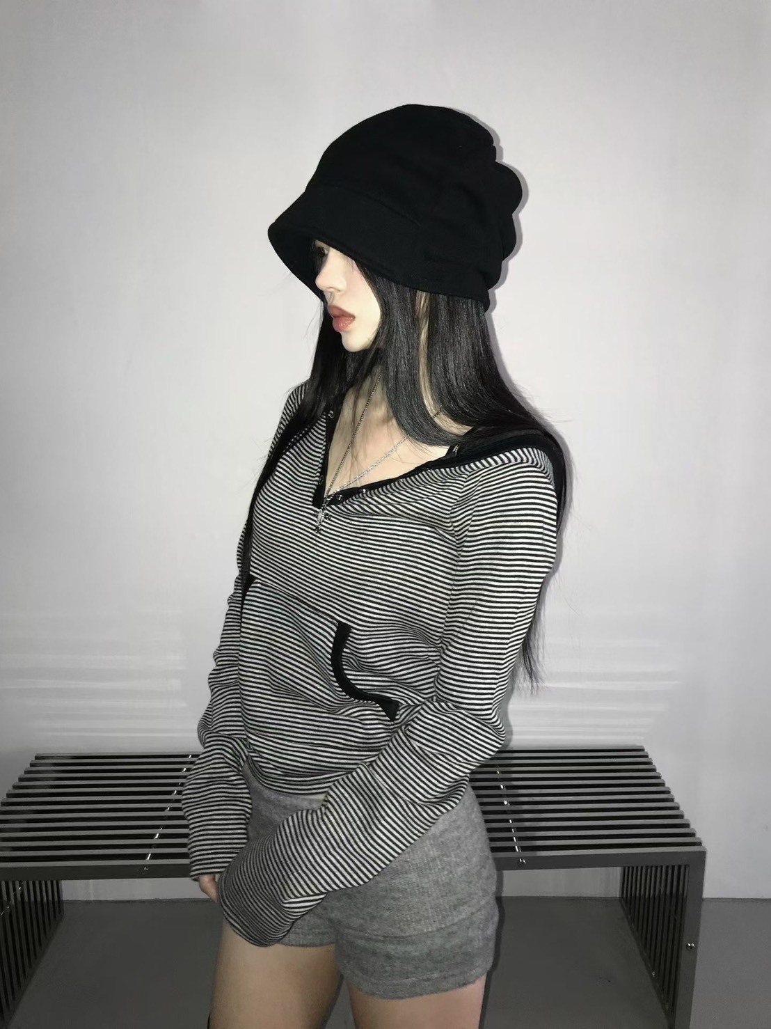 連帽口袋條紋開釦上衣