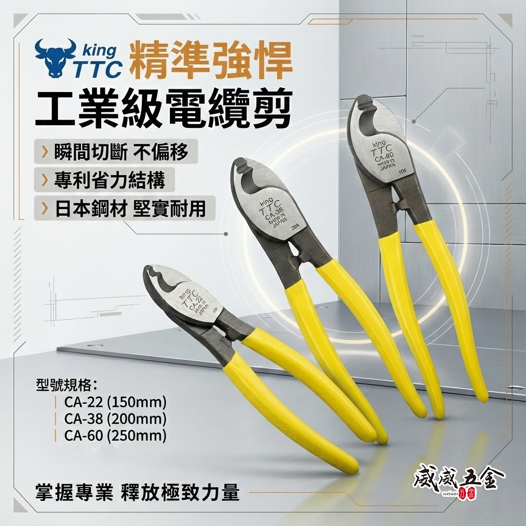 日本製 TTC 角田｜專業電纜剪 切斷剪刀 電線剪 破壞鉗 膠柄電纜剪刀｜CA-22 CA-38 CA-60