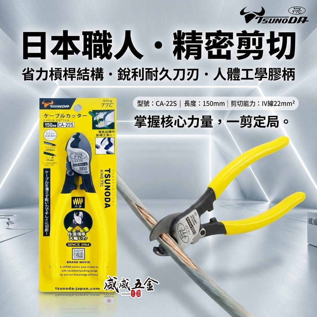 日本製 TTC 角田 TSUNODA｜CA-22S｜隱藏式彈簧自動回彈電纜剪 6" 膠柄切斷剪刀 細電線剪鉗