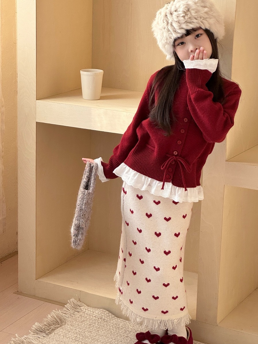 紅色縮腰花邊毛衣