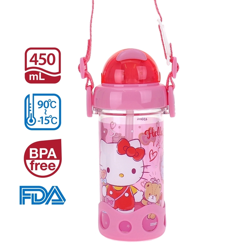 Hello Kitty 450ml BPA & BPS Free 膠水樽連飲管及頸繩