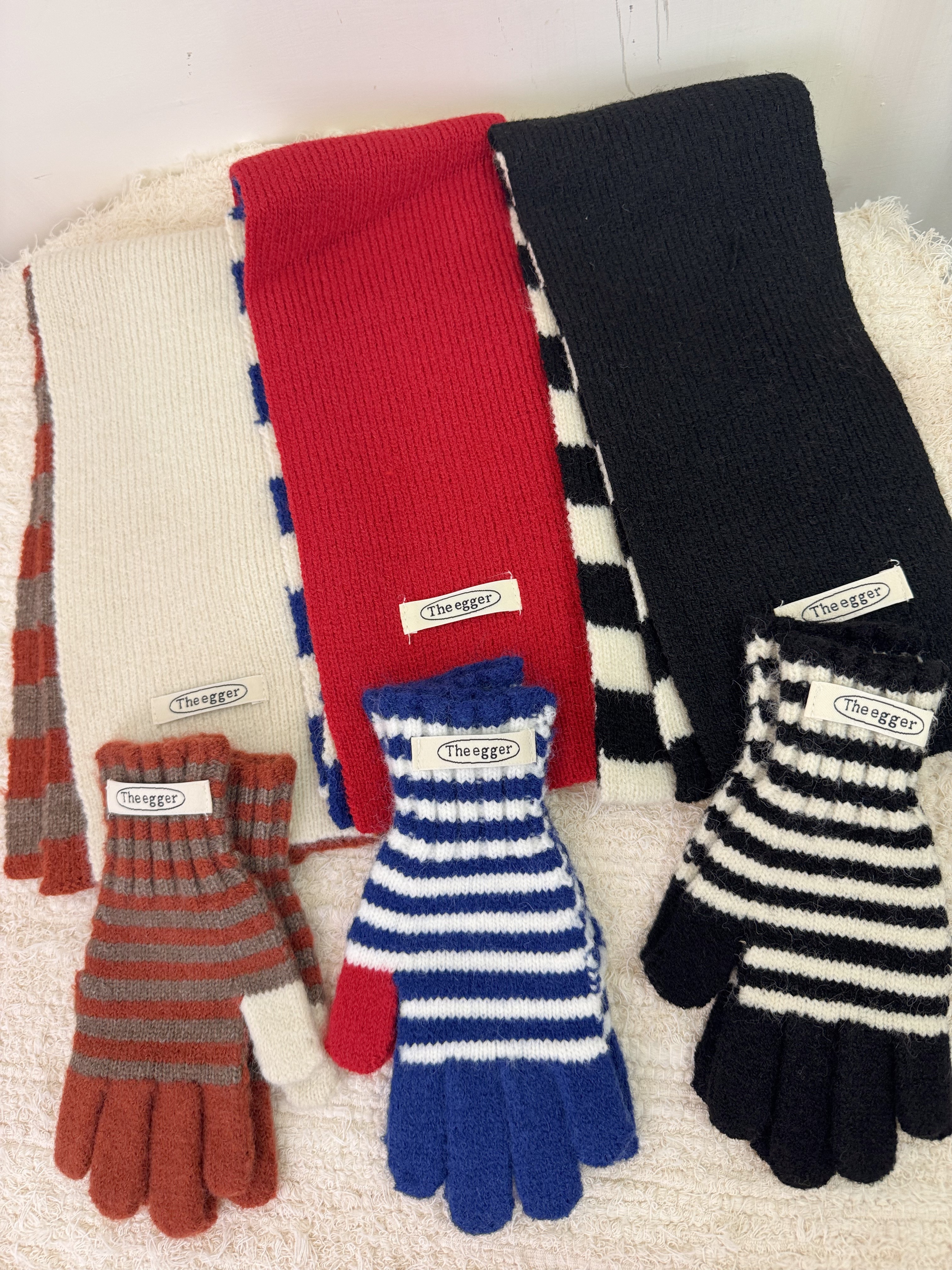 撞色條紋圍巾手套組