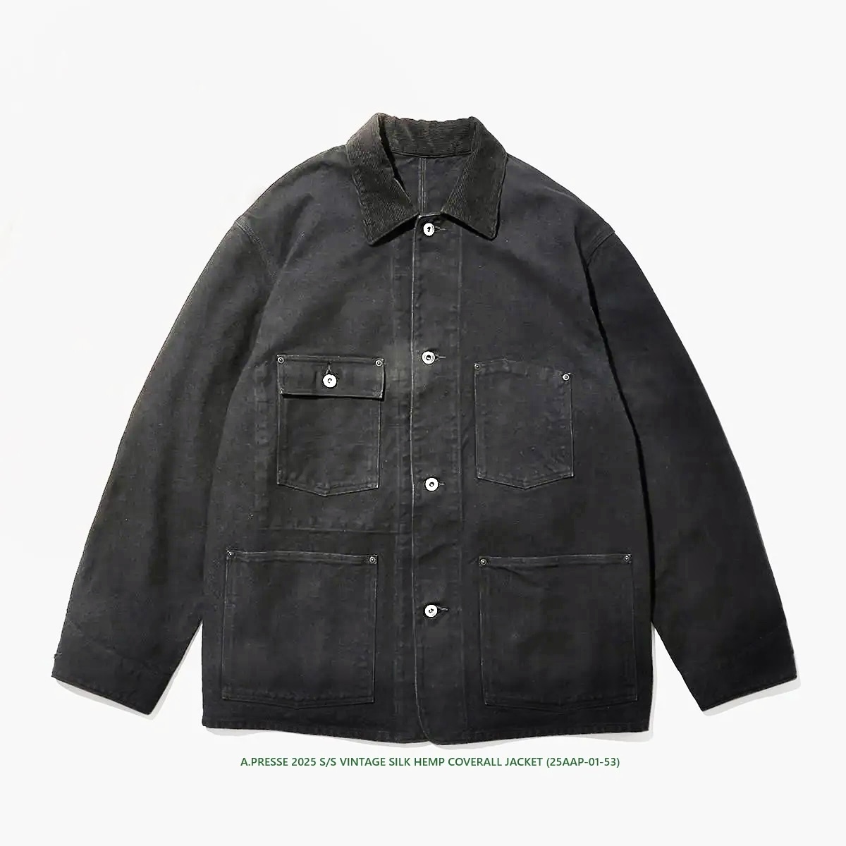 ON SALE: A.PRESSE 2025 S/S VINTAGE SILK HEMP COVERALL JACKET (25AAP-01-53) - BLACK SIZE 2 PRE ORDER ITEM (預訂中)