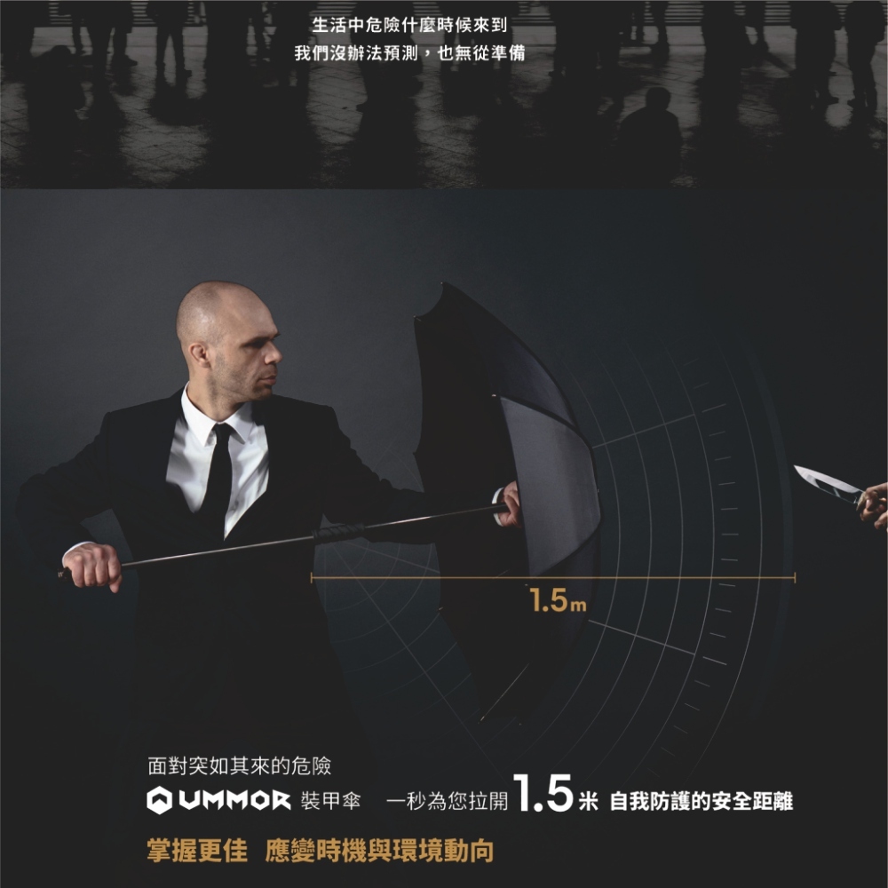 UMMOR裝甲傘,讓你面對突如其來的危險,一秒為你拉開1.5米自我防護的安全距離