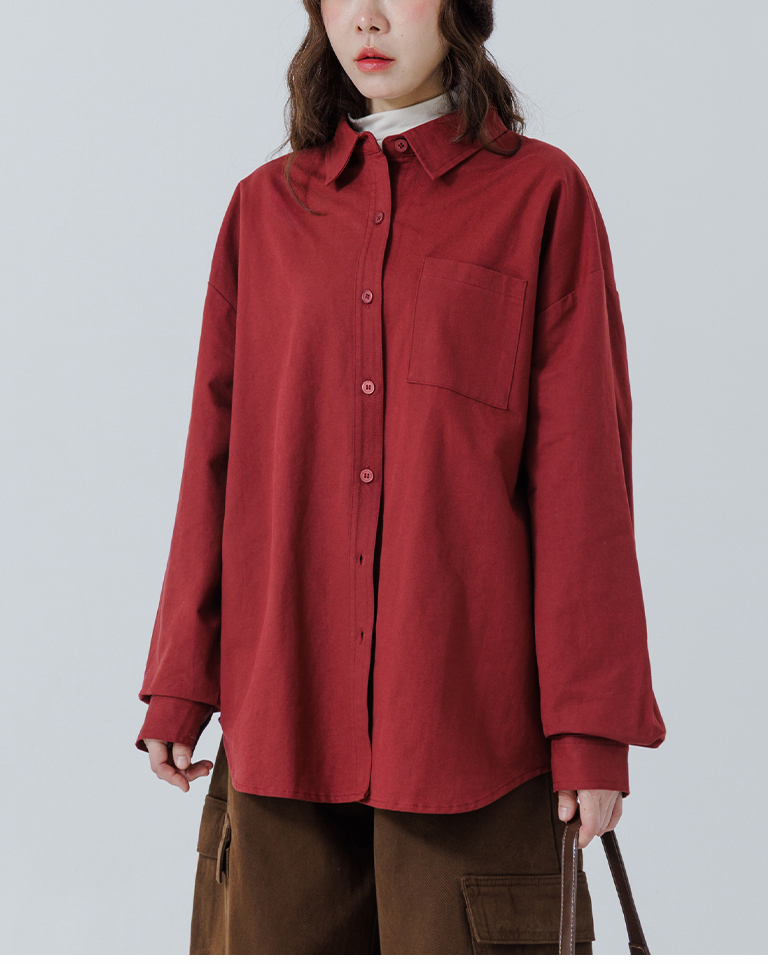 Plain single-pocket long-sleeved wide-fit shirt, available in five colors.【01025647】in stock+pre-order