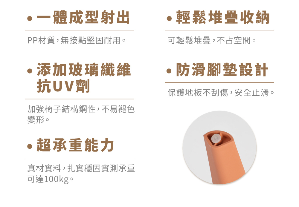 FACE面具椅PP材質一體成型射出與添加玻纖、抗UV，堅固又防水耐曬，且可堆疊不占空間