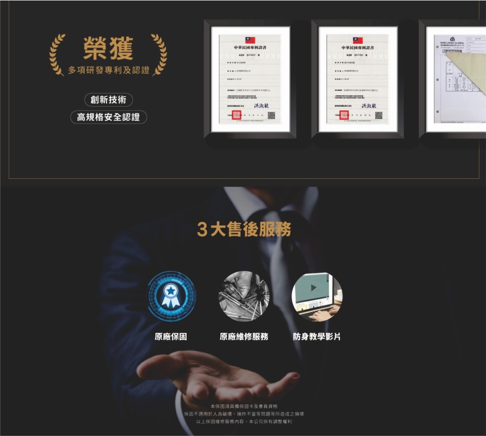 榮獲多項研發專利及認證, 創新技術、高規格安全認證、中華民國專利證書，含原廠保固及原廠維修服務