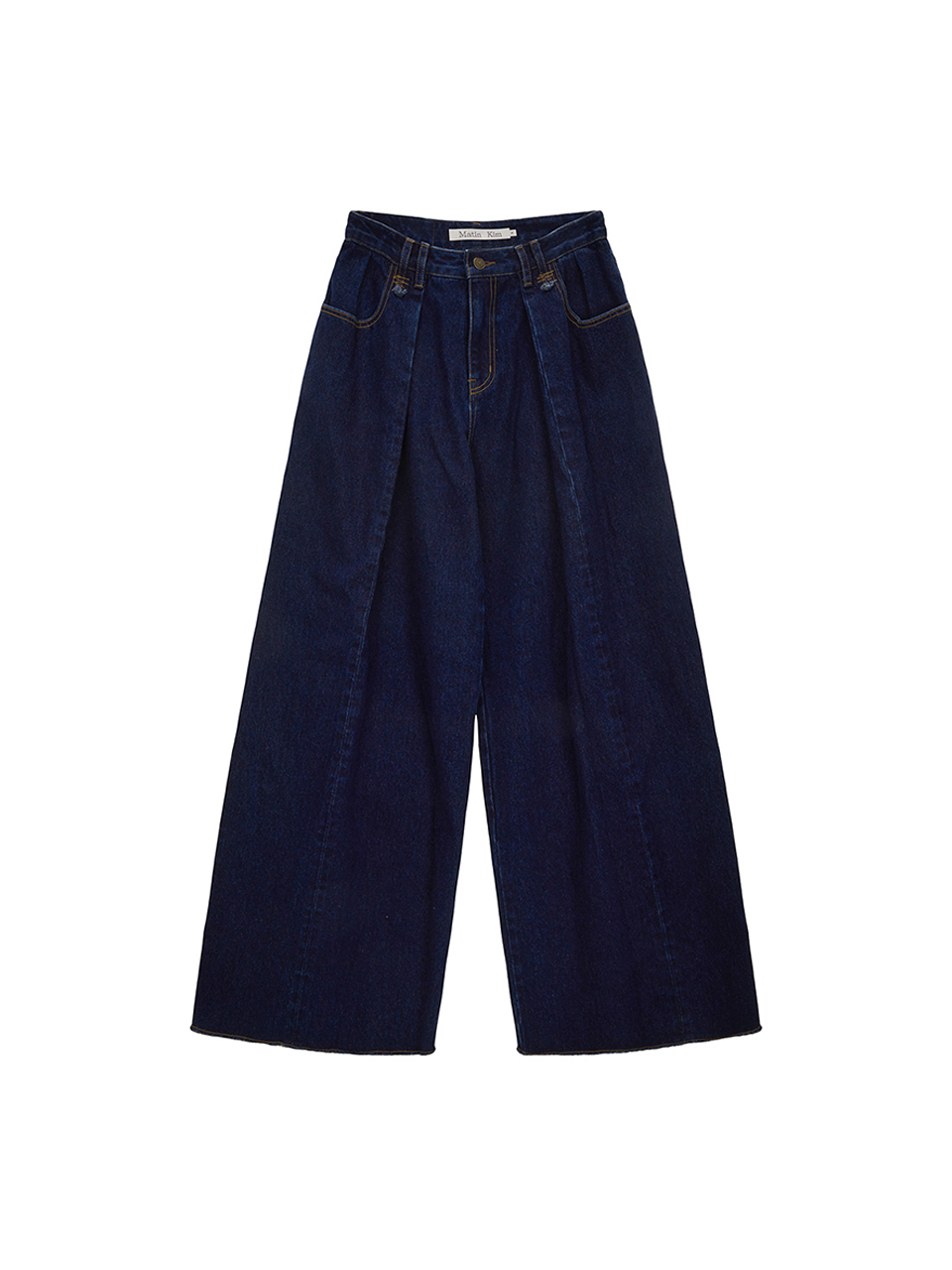 打褶細節寬版丹寧牛仔褲 海軍藍