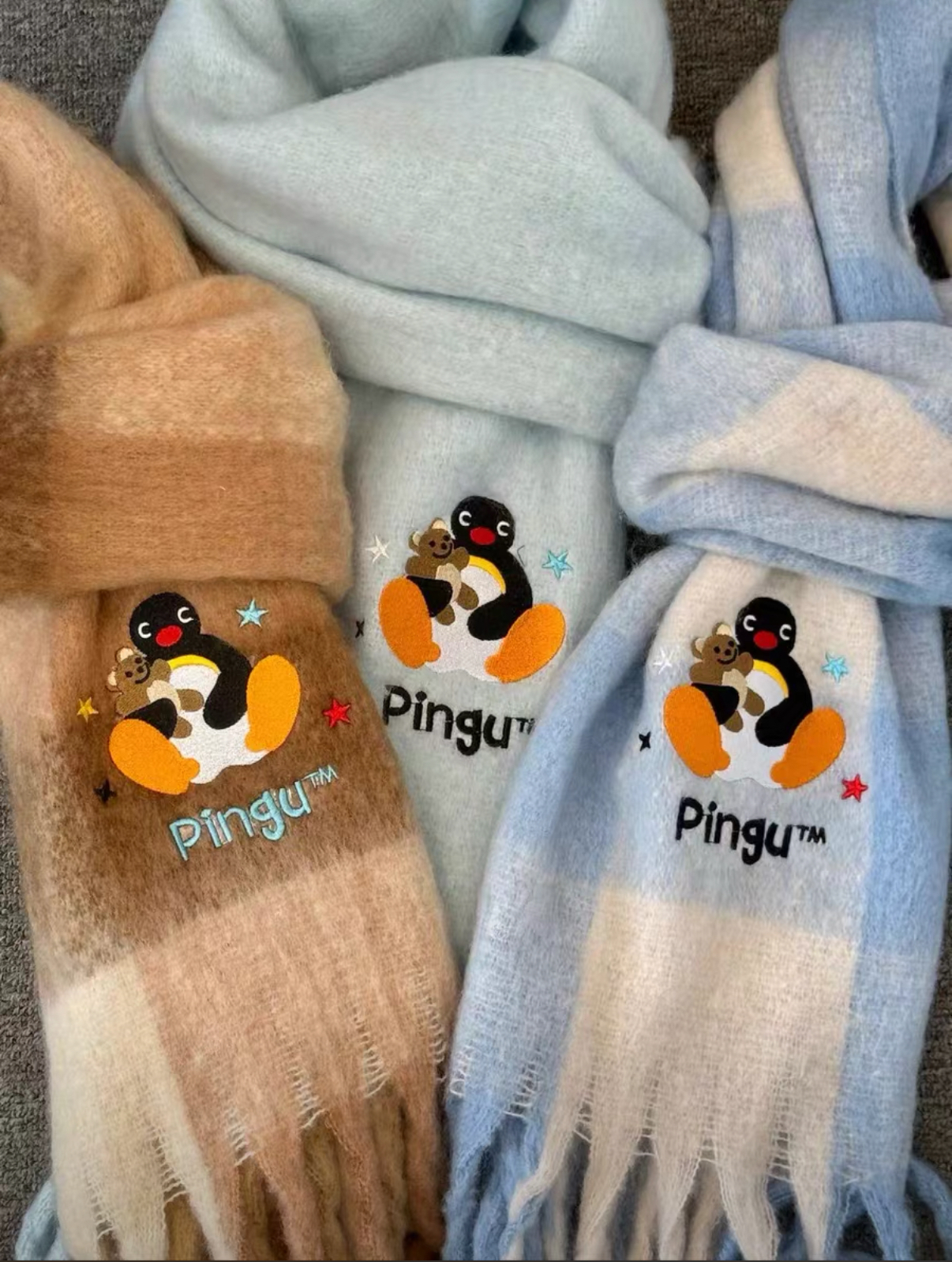 本週限時接單!! PINGU 企鵝家族 正版授權 針織絨毛圍巾 流蘇圍巾 刺繡 3款(任買兩件711免運)/預購