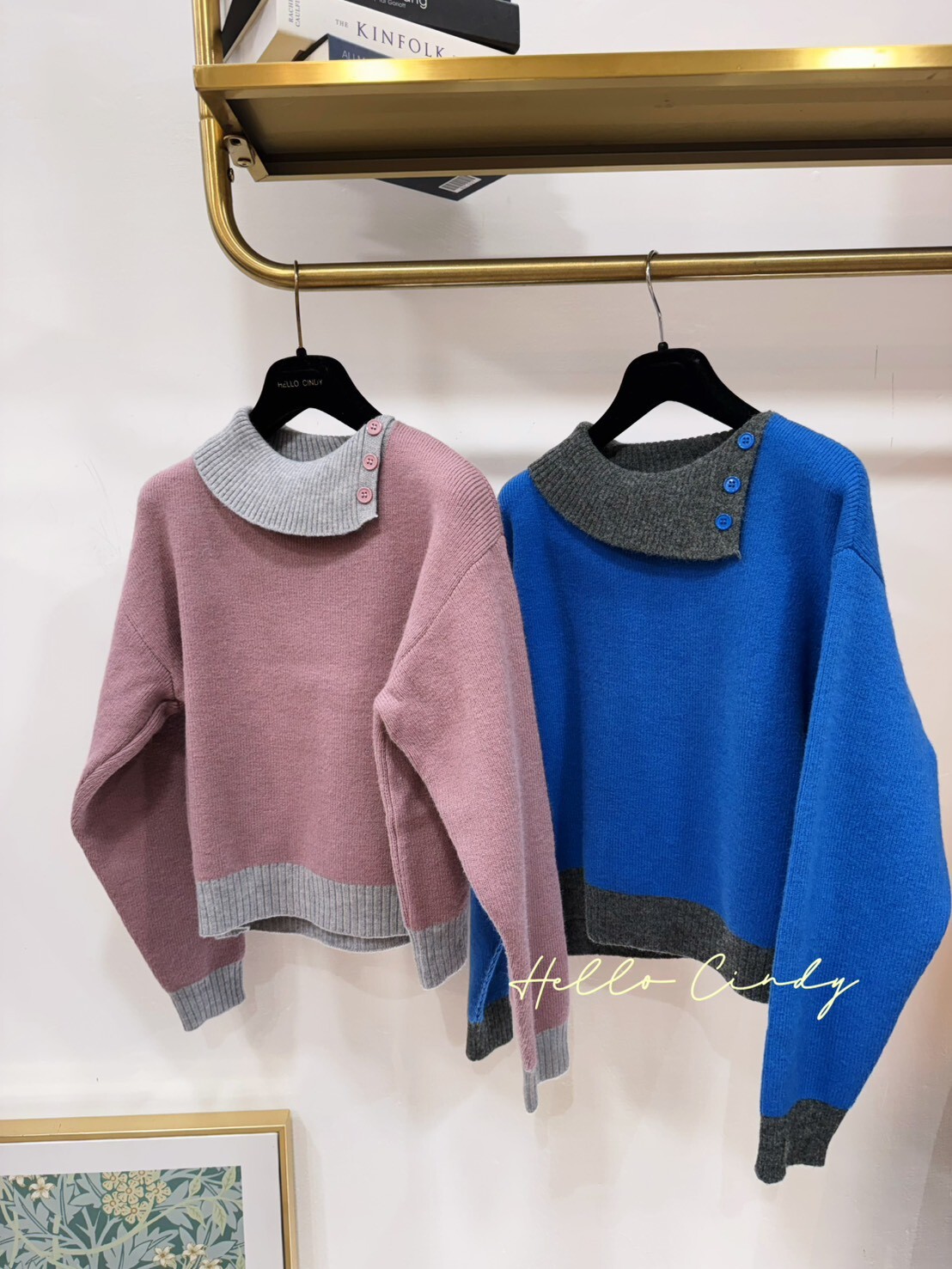 B12139 優雅的撞色側鈕扣翻領針織上衣