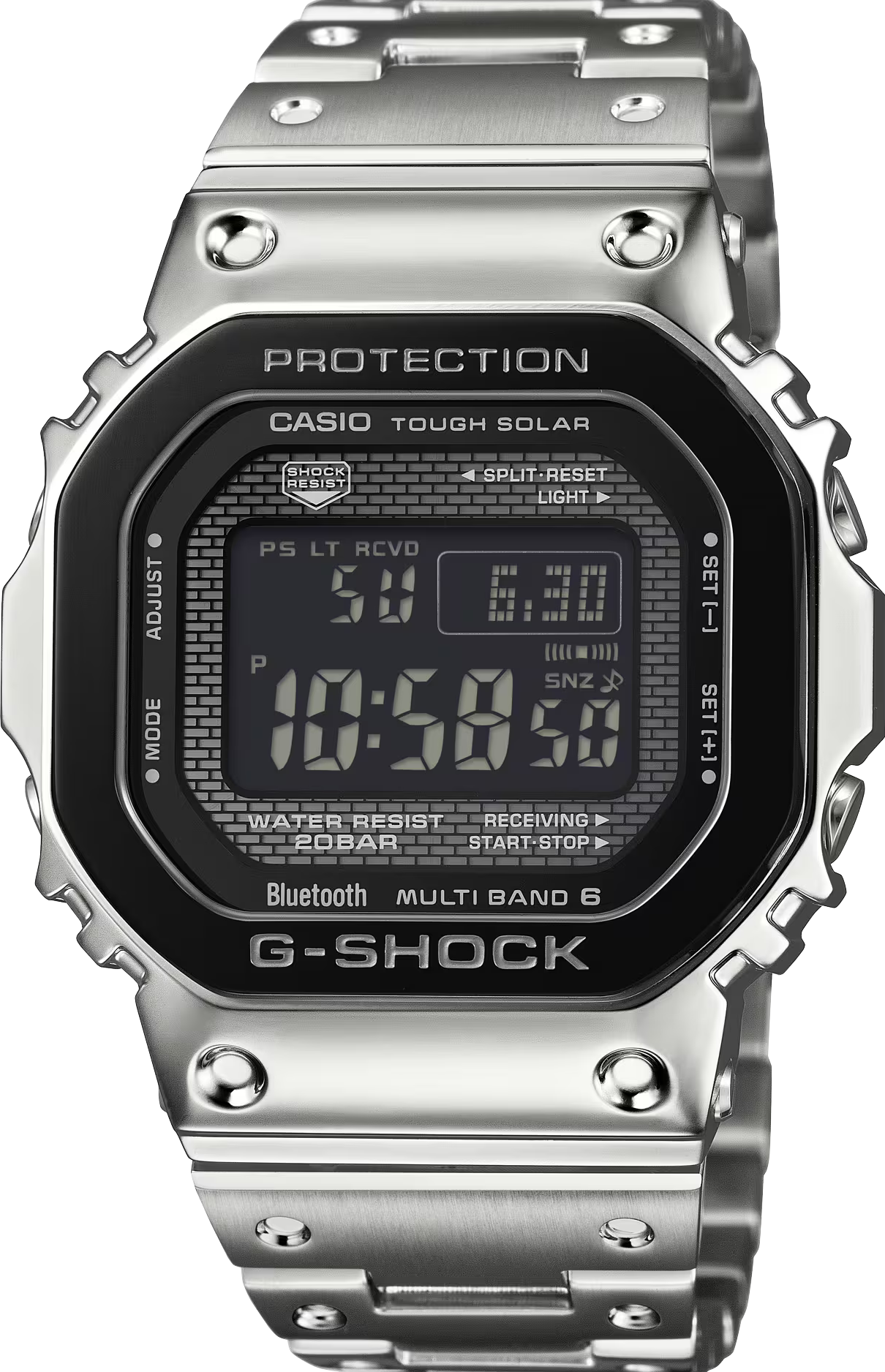 萬年鐘錶 - G-SHOCK  經典磚塊紋路太陽能藍芽電波全金屬不鏽鋼電子錶 GMW-B5000BT-1 錶徑 : 43.2MM