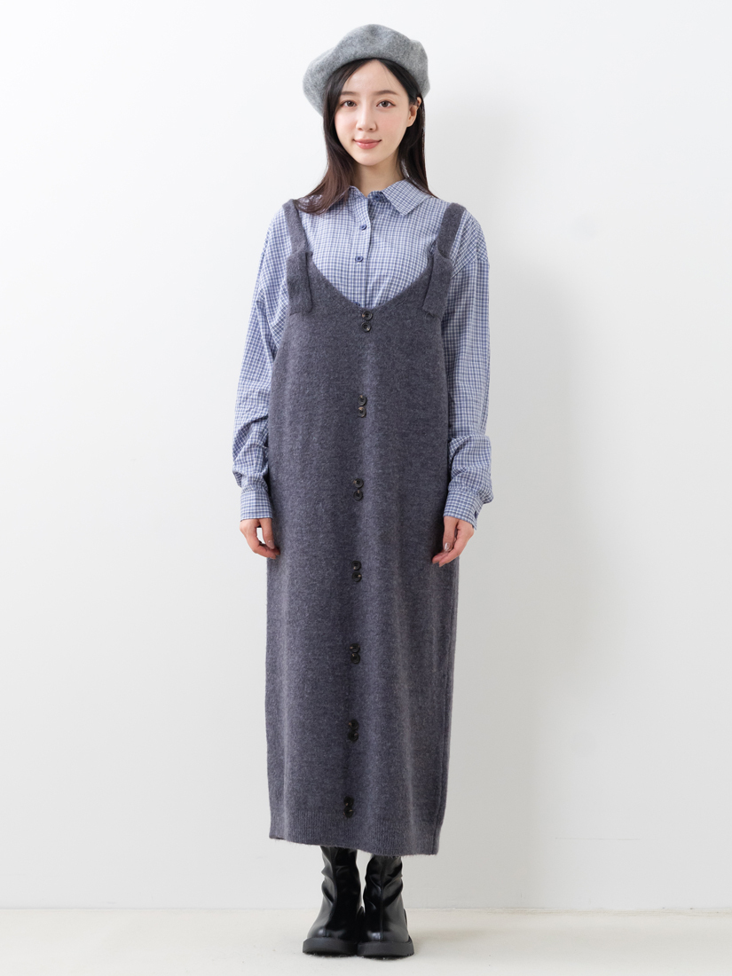 格紋襯衫慵懶層次穿搭針織吊帶洋裝組合