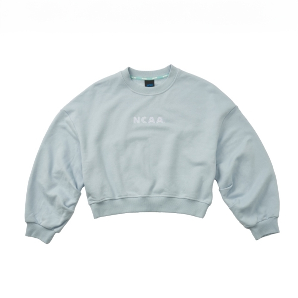 NCAA 大學T 馬卡龍藍 刺繡LOGO 落肩刷毛 短版 長袖 女 7452100281