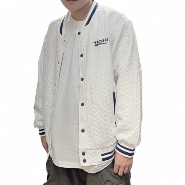 NCAA 外套 白海軍藍 麻花編織 刺繡 落肩 棒球外套 中性 7455140100