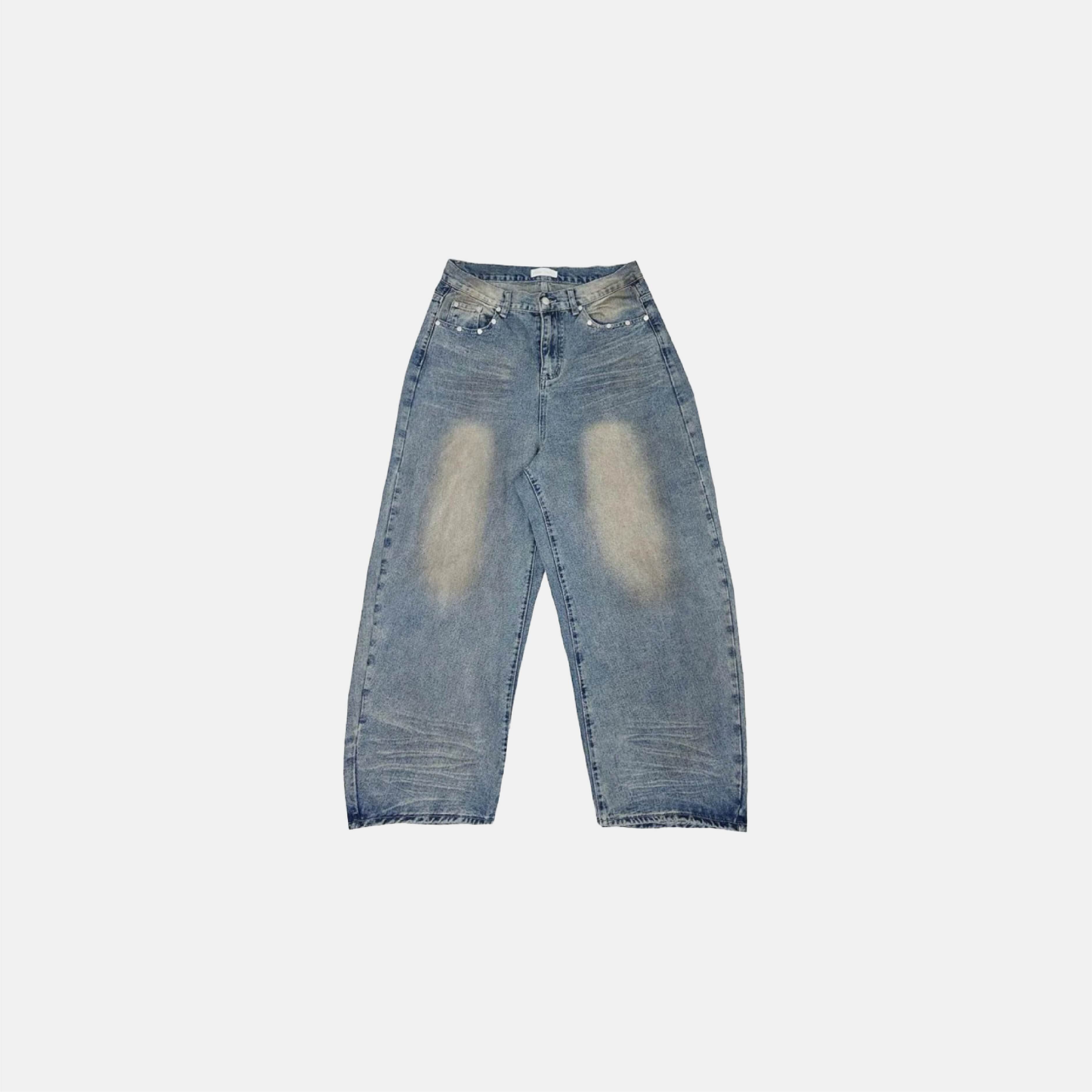 韓國 西部 皮革 貼布 鉚釘 刷色 垂墜 牛仔褲