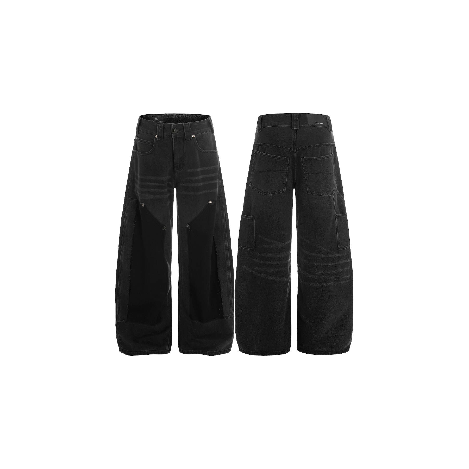 ACR 梯形 裁片 側口袋 拼接 貓鬚 垂墜 牛仔褲 長褲