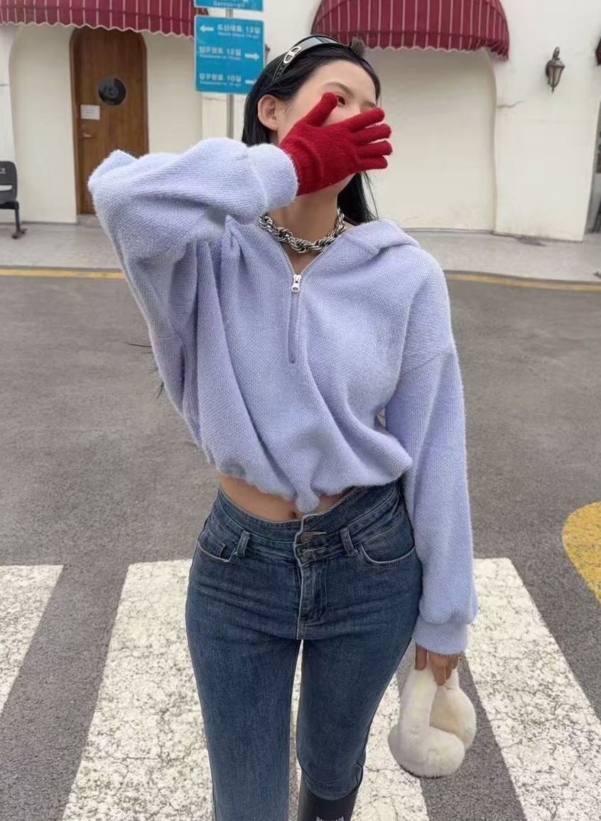 前拉鍊海馬毛連帽上衣