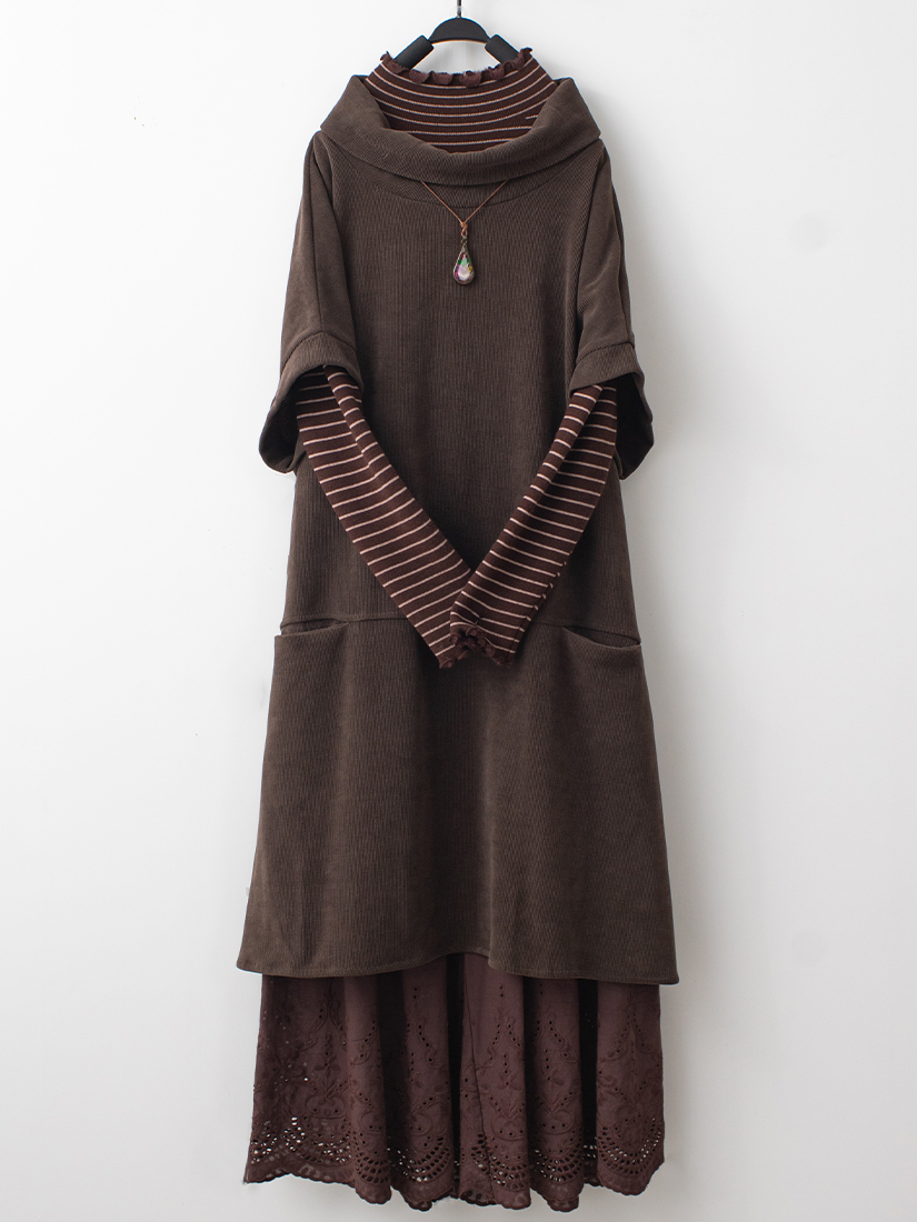 翻領條絨上衣加絨針織上衣繡花純棉寬褲組合