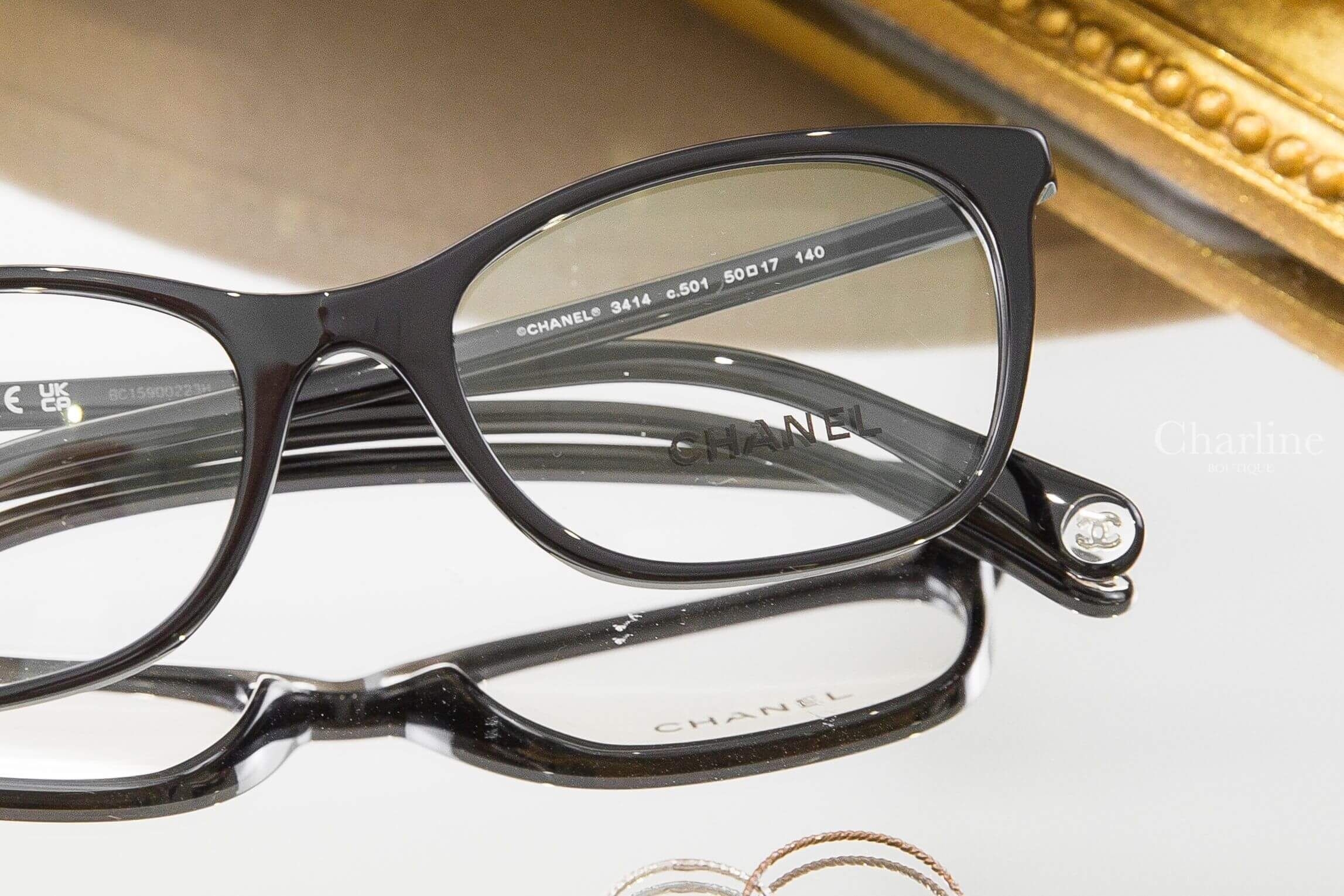 Chanel Rectangle Eyeglasses 黑色方框側邊銀色 Logo 鏡腳透明圓型CC平光眼鏡