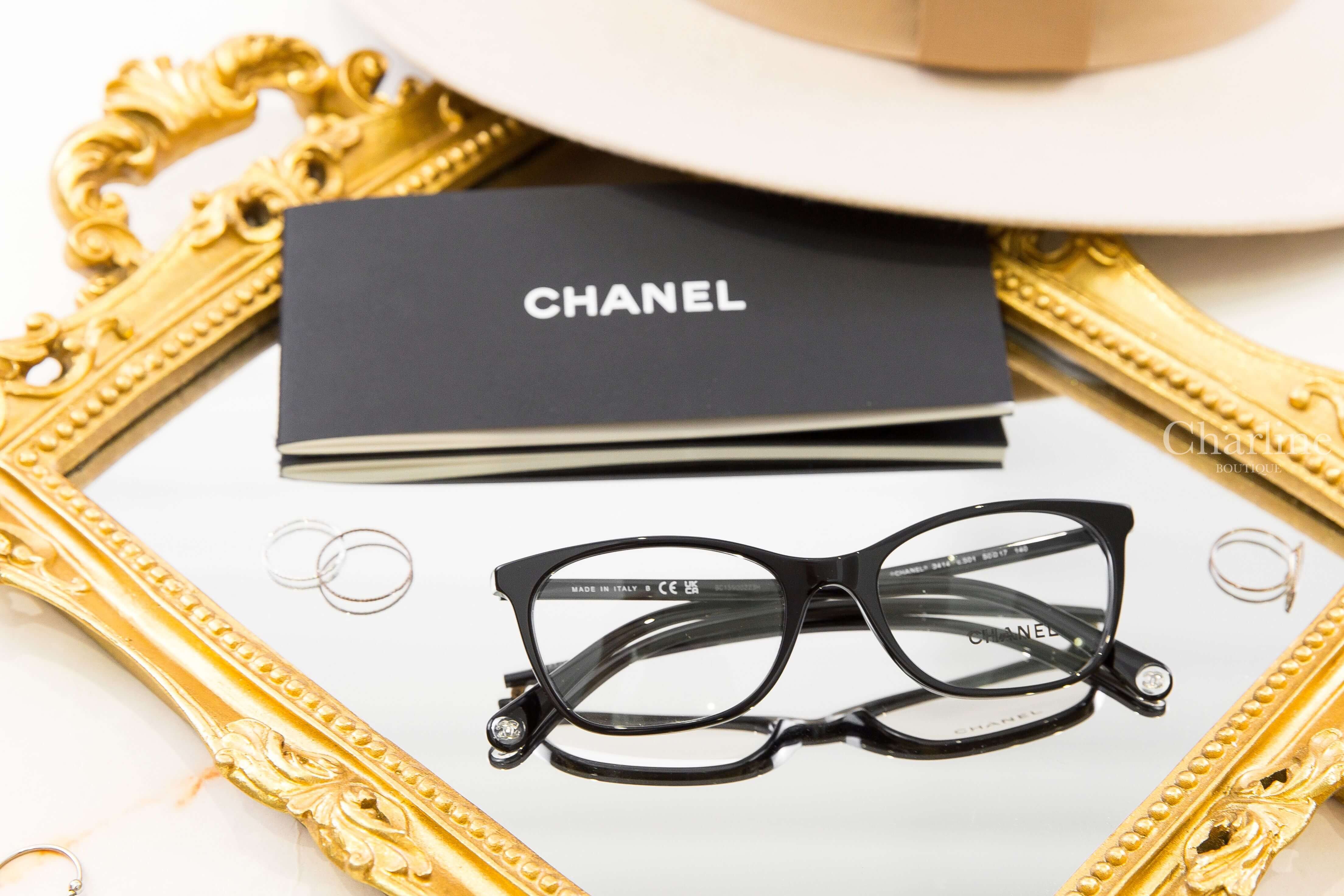 Chanel Rectangle Eyeglasses 黑色方框側邊銀色 Logo 鏡腳透明圓型CC平光眼鏡