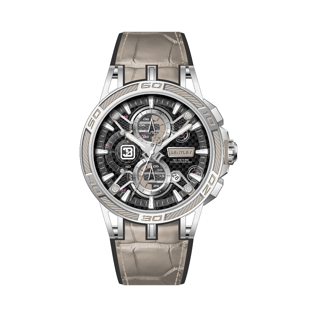 【BENTLEY 賓利】THE OUROBOROS 魅影系列 BL-40 銀殼 玫金殼 真三眼  質感潮流 日期 夜光 牛皮拚矽膠 手錶