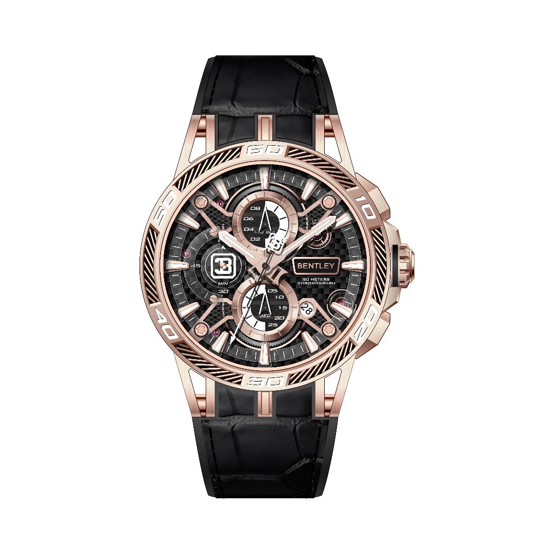 【BENTLEY 賓利】THE OUROBOROS 魅影系列 BL-40 銀殼 玫金殼 真三眼  質感潮流 日期 夜光 牛皮拚矽膠 手錶