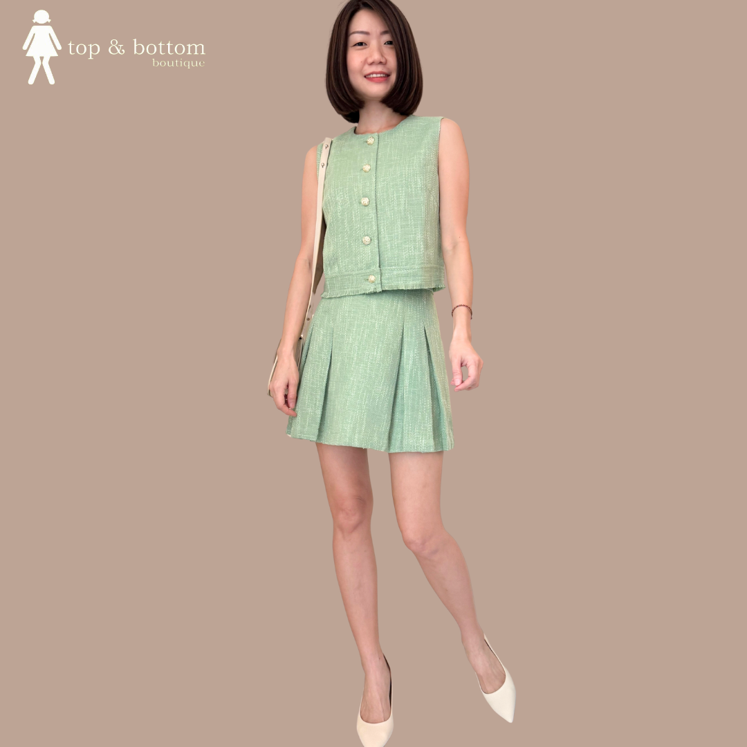TWEED BUTTON BLOUSE & PLEATED SKIRT SET SUIT