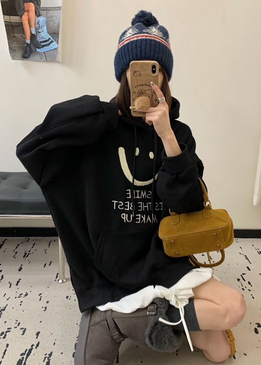 微笑三排字刷毛連帽衣