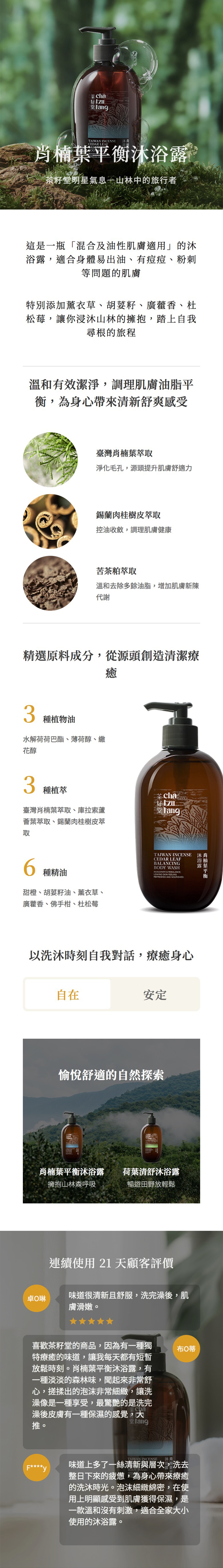 TAIWAN INCENSE CEDAR LEA茶堂明星氣息山林中的旅行者這是一瓶「混合及油性肌膚適用」的浴露,適合身體易出油、有痘痘、粉刺等問題的肌膚特別添加薰衣草、胡荽籽、廣藿香、杜松莓,讓你浸沐山林的擁抱,踏上自我尋根的旅程溫和有效潔淨,調理肌膚油脂平衡,為身心帶來清新舒爽感受臺灣肖楠葉萃取淨化毛孔,源頭提升肌膚舒適力錫蘭肉桂樹皮萃取控油收斂,調理肌膚健康苦茶粕萃取溫和去除多餘油脂,增加肌膚新陳代謝精選原料成分,從源頭創造清潔療3種植物油水解荷荷巴酯、薄荷醇、繖花醇癒3種植萃a籽臺灣肖楠葉萃取、庫拉索蘆薈葉萃取、錫蘭肉桂樹皮萃取6種精油甜橙、胡荽籽油、薰衣草、廣藿香、佛手柑、杜松莓TAIWAN INCENSECEDAR LEAFBALANCINGBDY WASHLEAVING AND 以洗沐時刻自我對話,療癒身心自在安定愉悅舒適的自然探索ch肖楠葉平衡沐浴露荷葉清舒沐浴露擁抱山林森呼吸暢遊田野放輕鬆連續使用21 天顧客評價肖楠葉平衡沐浴露味道很清新且舒服,洗完後,肌卓琳膚滑嫩。喜歡茶籽堂的商品,因為有一種獨特療癒的味道,讓我每天都有短暫放鬆時刻。肖楠葉平衡沐浴露,有一種淡淡的森林味,聞起來非常舒心,搓揉出的泡沫非常細緻,讓洗澡像是一種享受,最驚艷的是洗完澡後皮膚有一種保濕的感覺,大推。FOTAIWAN INCENSE沐肖味道上多了一絲清新與層次,洗去BODY WASH整日下來的疲憊,為身心帶來療癒的洗沐時光。泡沫細緻綿密,在使用上明顯感受到肌膚獲得保濕,是一款溫和沒有刺激,適合全家大小使用的沐浴露。
