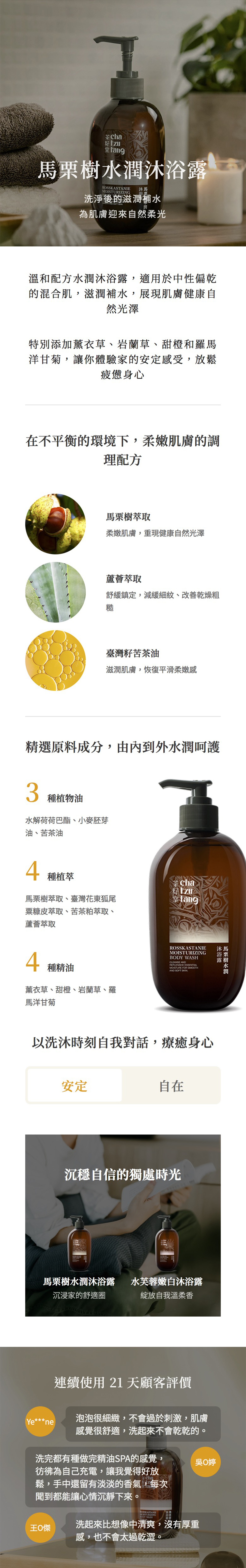 Cha籽 沐馬MOISTURIZING 浴洗淨後的滋潤補水 SOFT 為肌膚迎來自然柔光溫和配方水潤露,適用於中性偏乾的混合肌,滋潤補水,展現肌膚健康自然光澤特別添加薰衣草、岩蘭草、甜橙和羅馬洋甘菊,讓你體驗家的安定感受,放鬆疲憊身心在不平衡的環境下,柔嫩肌膚的調理配方馬萃取柔嫩肌膚,重現健康自然光澤蘆薈萃取舒緩鎮定,減緩細紋、改善乾燥粗糙臺灣籽苦茶油滋潤肌膚,恢復平滑柔嫩感精選原料成分,由內到外水潤呵護3種植物油水解荷荷巴酯、小麥胚芽油、苦茶油4種植萃cha馬萃取、臺灣花東狐尾粟皮萃取、苦茶粕萃取、蘆薈萃取4種精油薰衣草、甜橙、岩蘭草、羅馬洋甘菊ROSSKASTANIEMOISTURIZINGBODY WASH AND MOSTURE FOR AND SOFT 以洗沐時刻自我對話,療癒身心安定自在沉穩自信的獨處時光馬栗樹水潤沐浴露水芙蓉嫩白沐浴露沉浸家的舒適圈綻放自我溫柔香連續使用21 天顧客評價馬栗樹水潤沐浴露Ye***ne泡泡很細緻,不會過於刺激,肌膚感覺很舒適,洗起來不會乾乾的。吳婷洗完都有種做完精油SPA的感覺,彷彿為自己充電,讓我覺得好放鬆,手中還留有淡淡的香氣,每次聞到都能讓心情沉靜下來。ROSSKASTANIEMOISTURIZINGBODY WASH浴洗起來比想像中清爽,沒有厚重王感,也不會太過乾澀。