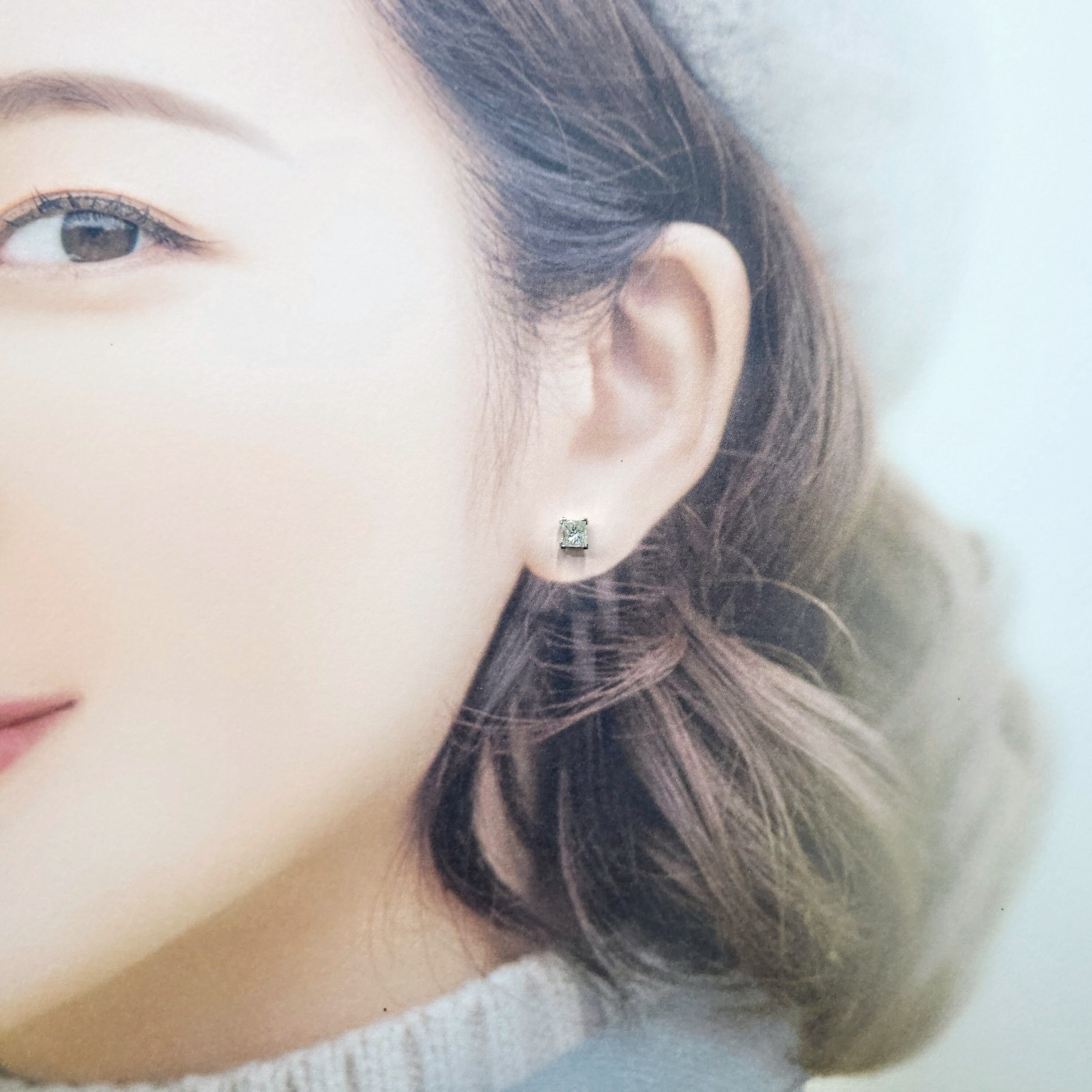 全新18K白金【主石38份方形鑽石】單耳環