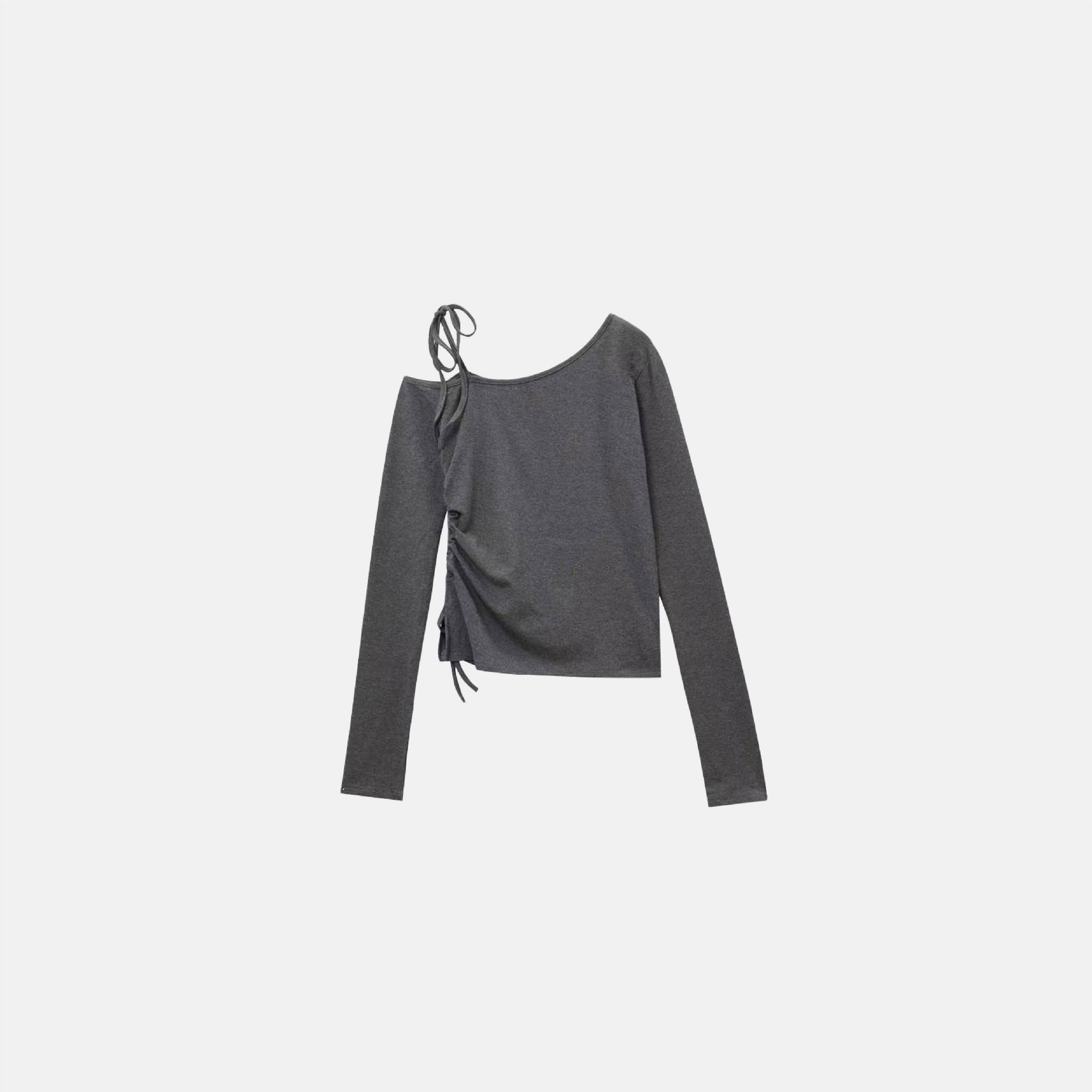 VIVID 法式晚宴 側抓皺 綁帶 斜肩 薄長袖