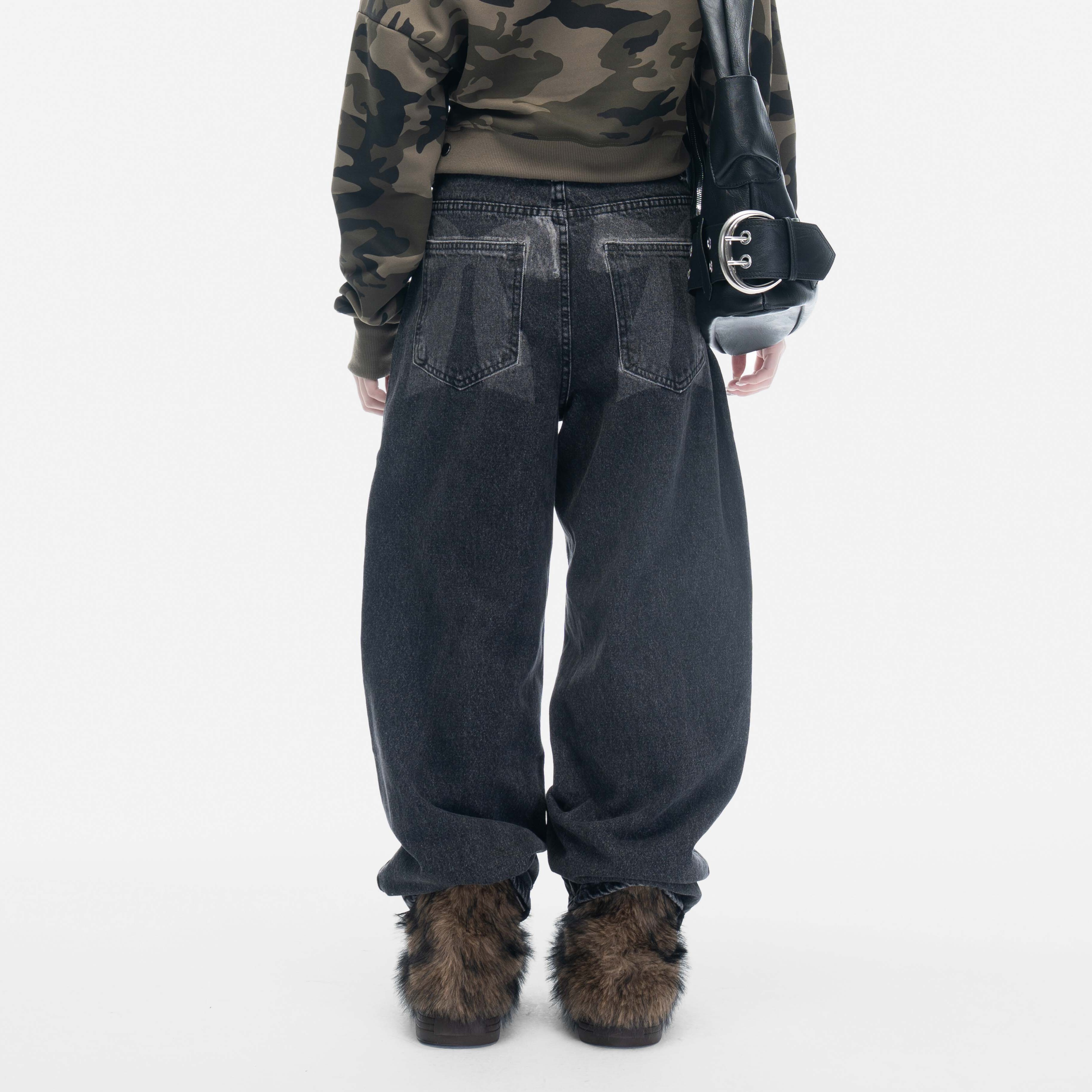 VIVID 甜酷 蝴蝶結 刷色 直筒 堆積 牛仔褲