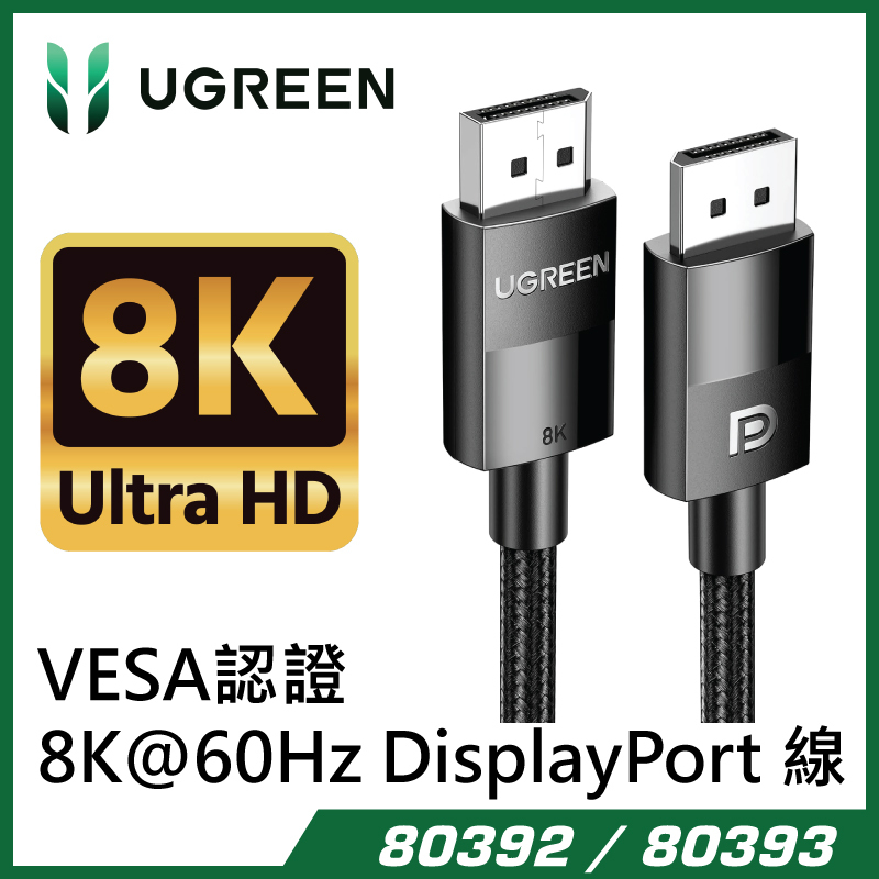 Ugreen DP114-80392/80393 VESA認證 8K@60Hz, 4K@240Hz DisplayPort 線