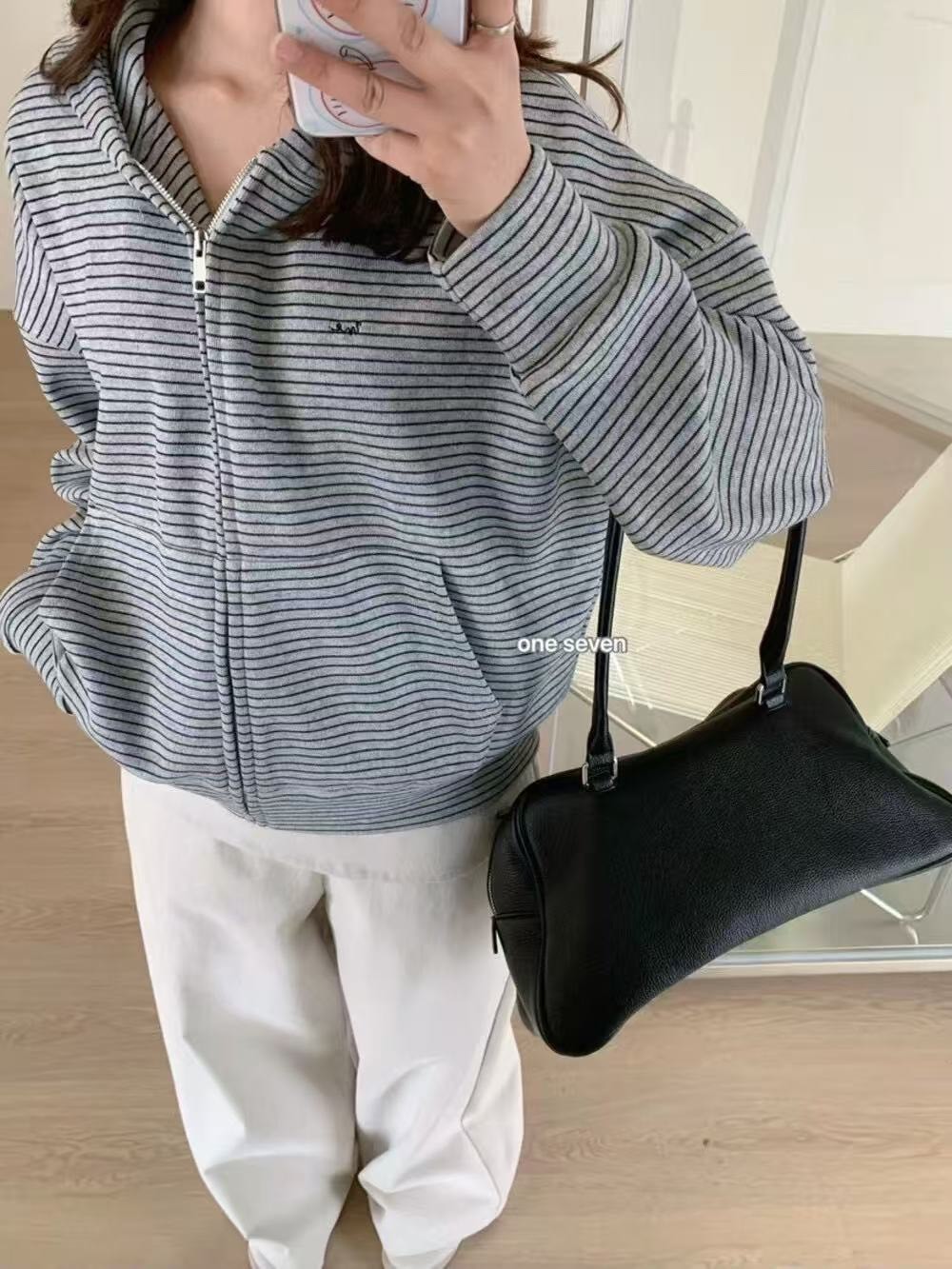 條紋大口袋設計連帽外套｜雙面磨毛・刷絨保暖款