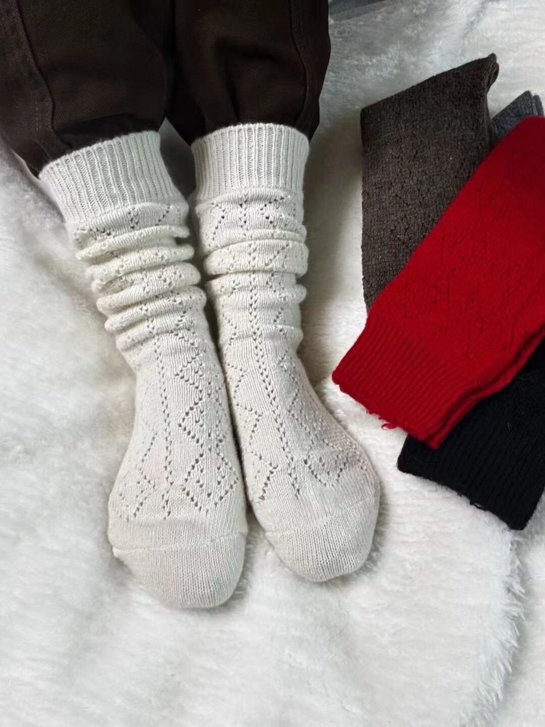 秋冬溫暖色系菱格針織中筒襪 / 5色