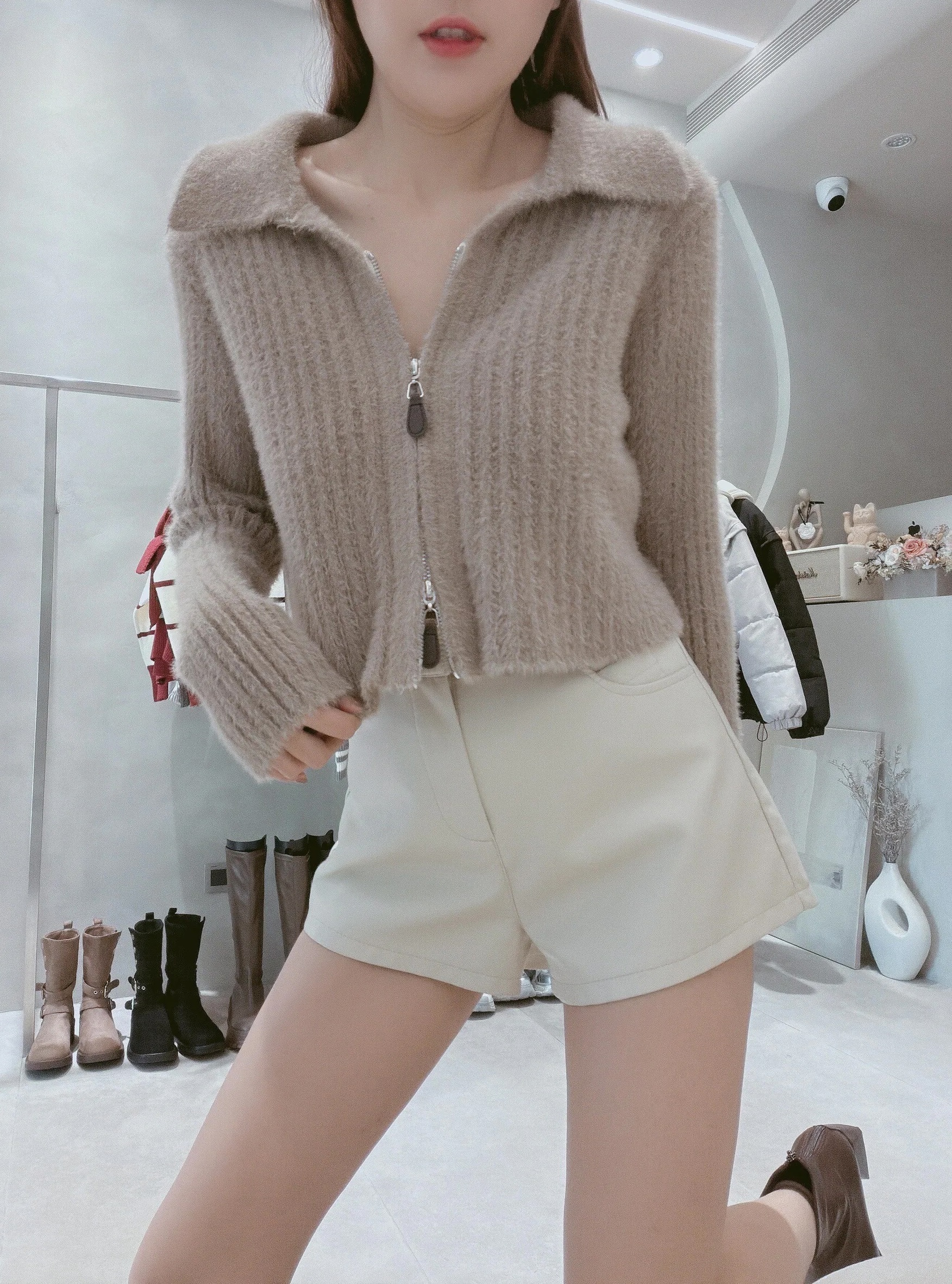 雙拉鍊坑紋海毛上衣