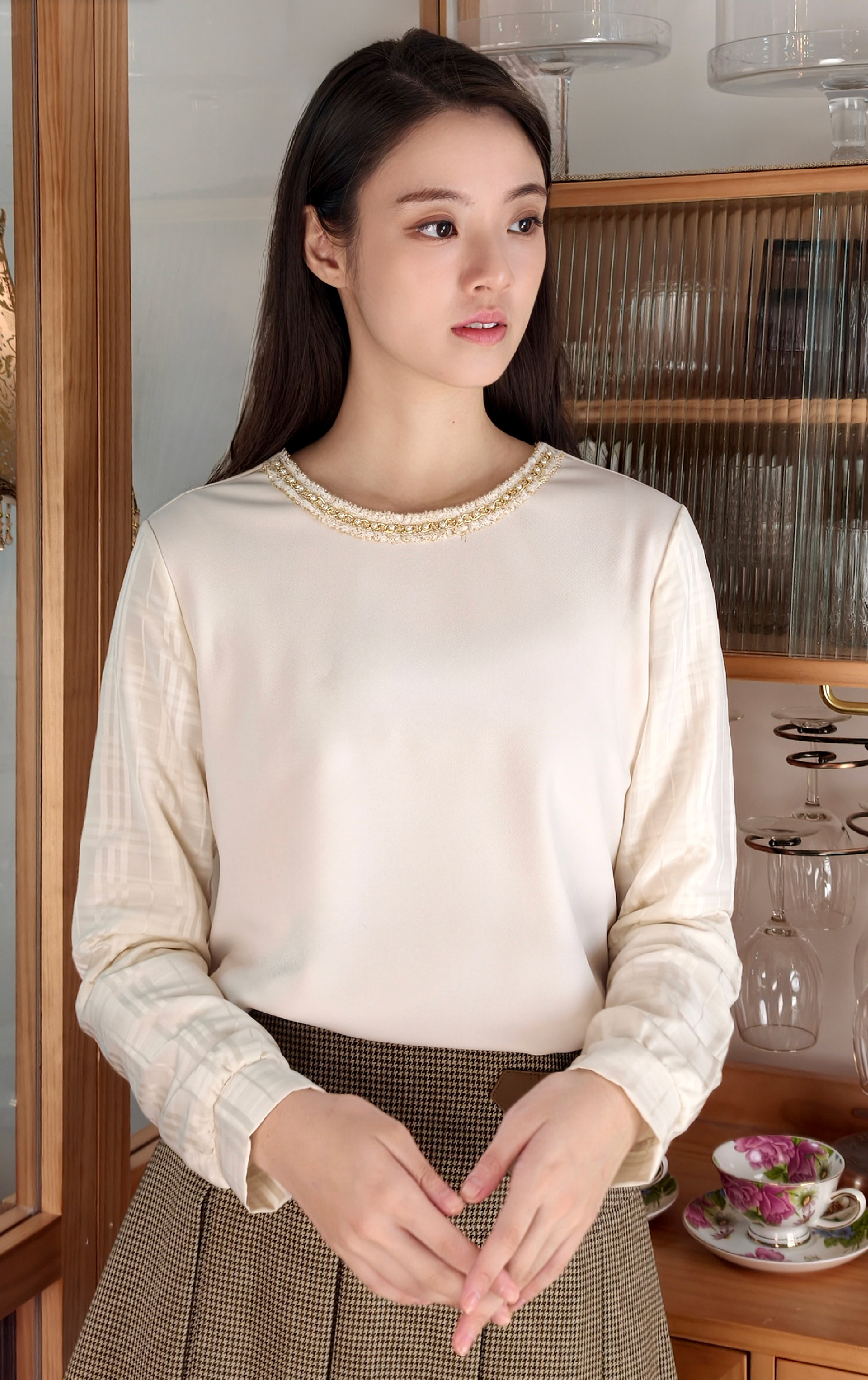 圓領拼布袖上衣 LT0843