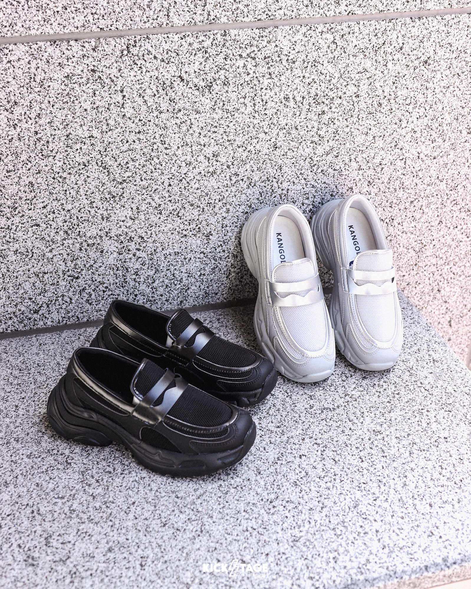 女鞋 KANGOL 黑色 灰銀色 英國 袋鼠 厚底 增高 網眼 低筒 樂福鞋 休閒鞋【65523672】